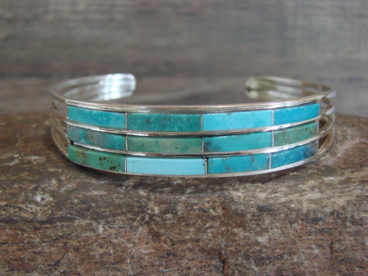 Native American Sterling Silver Turquoise Inlay 3 Row Bracelet - Johnson