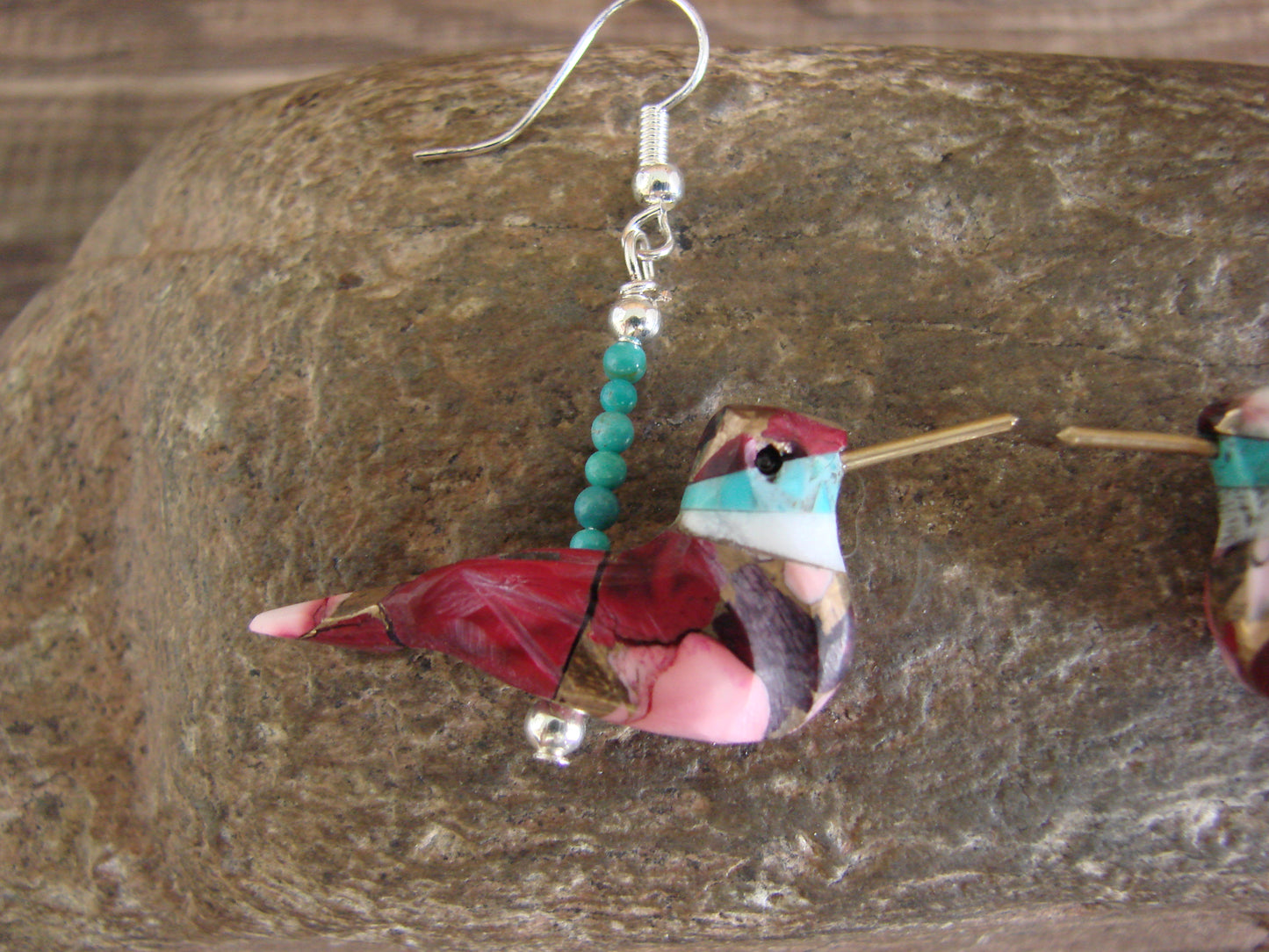 Purple Mohave Turquoise Bronze Aggregate Hummingbird Fetish Earrings - Mitchell
