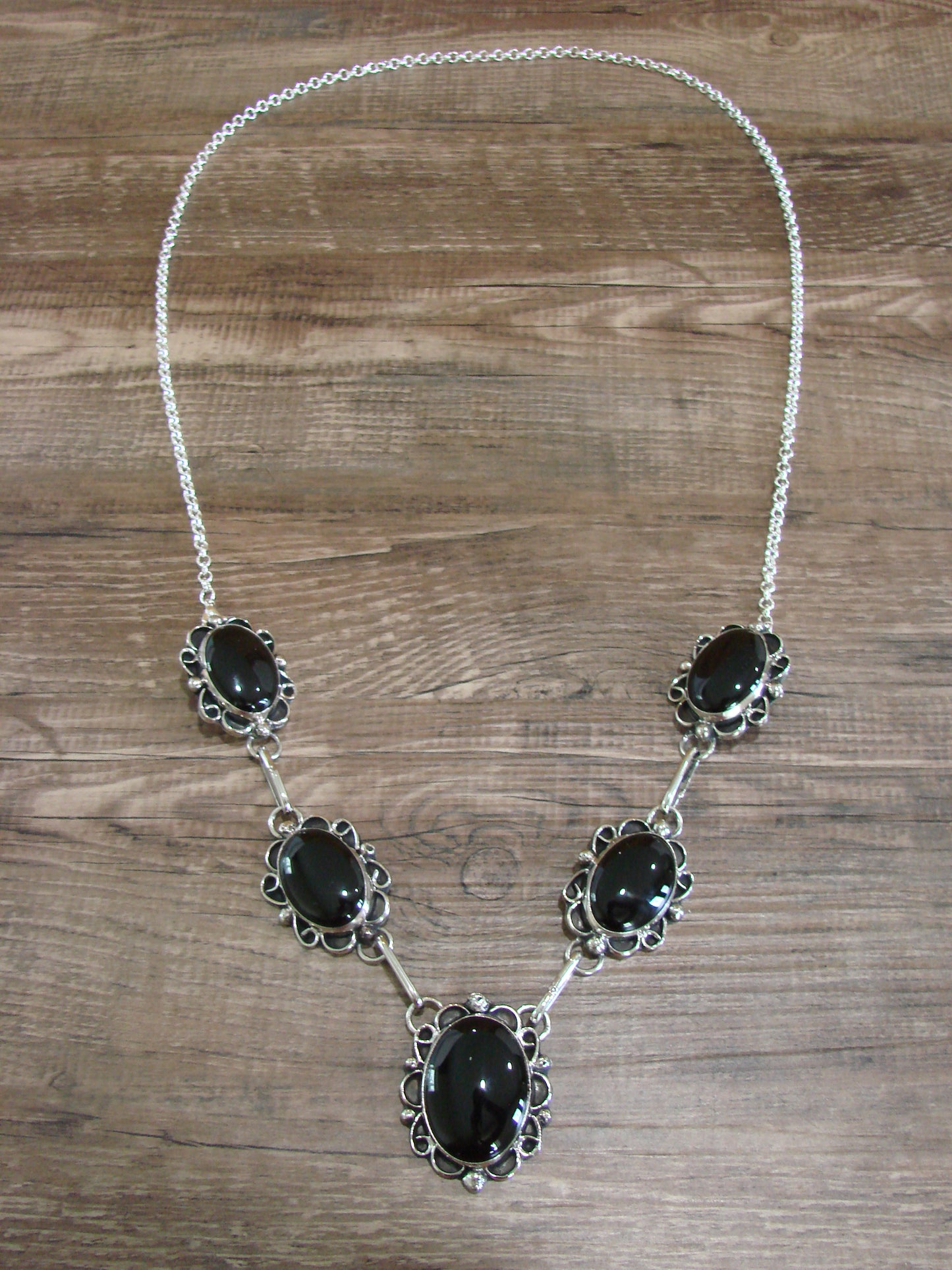 Navajo Indian Nickel Silver & Onyx Link Necklace Signed Cleveland