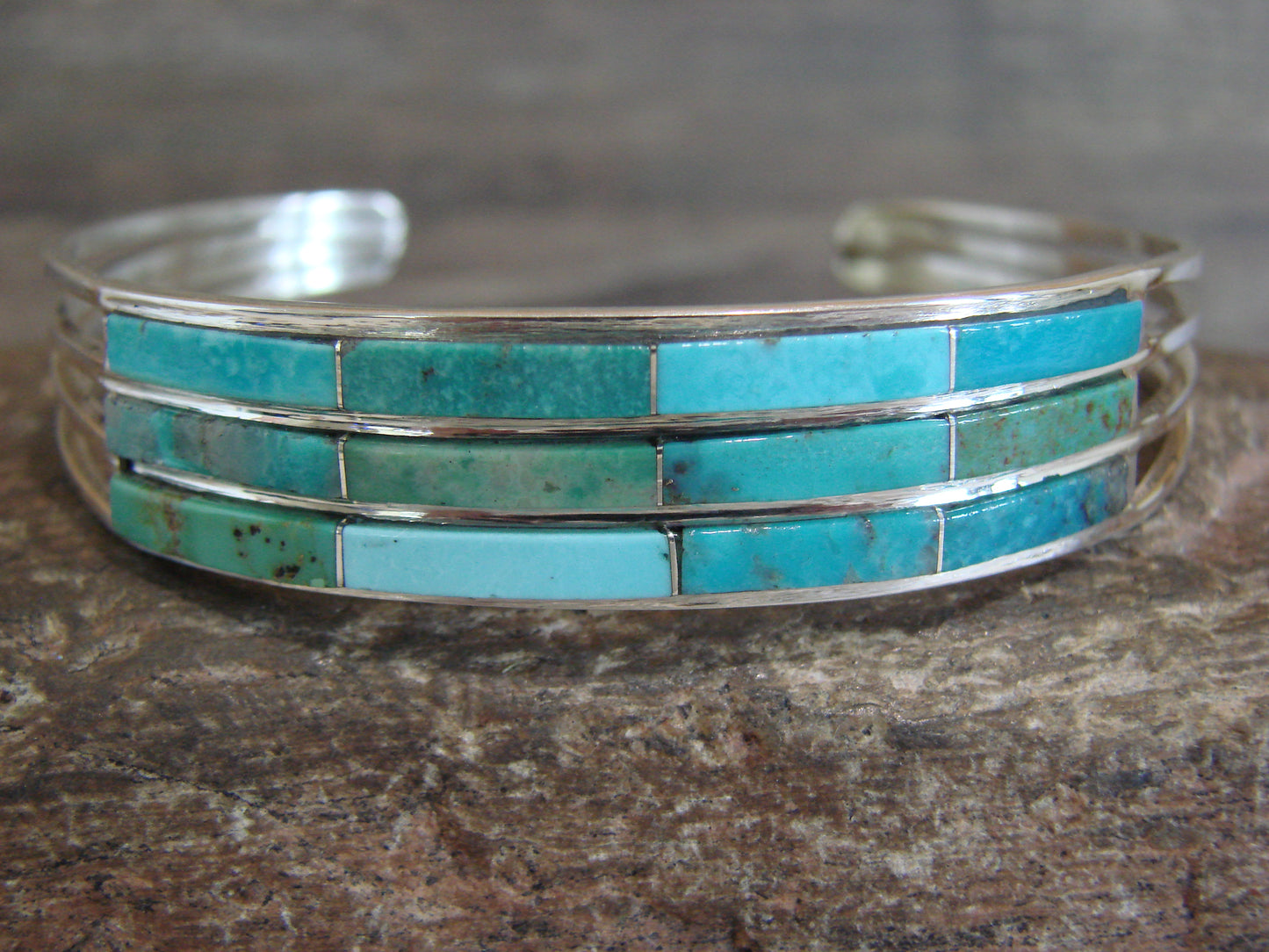 Native American Sterling Silver Turquoise Inlay 3 Row Bracelet - Johnson