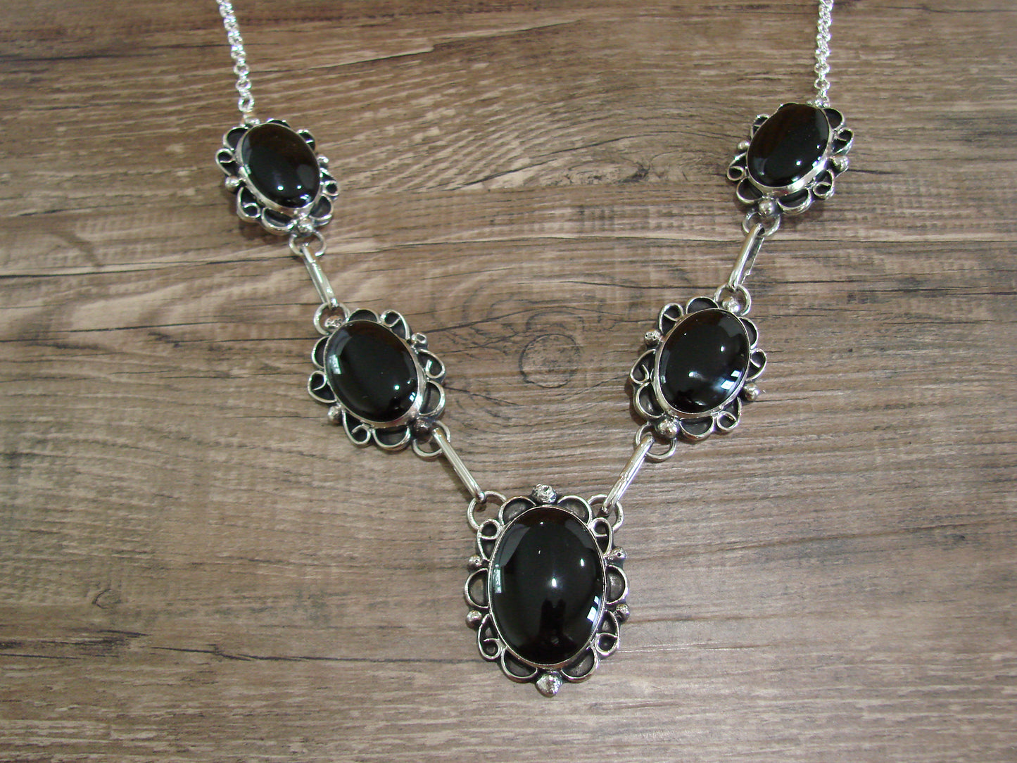 Navajo Indian Nickel Silver & Onyx Link Necklace Signed Cleveland