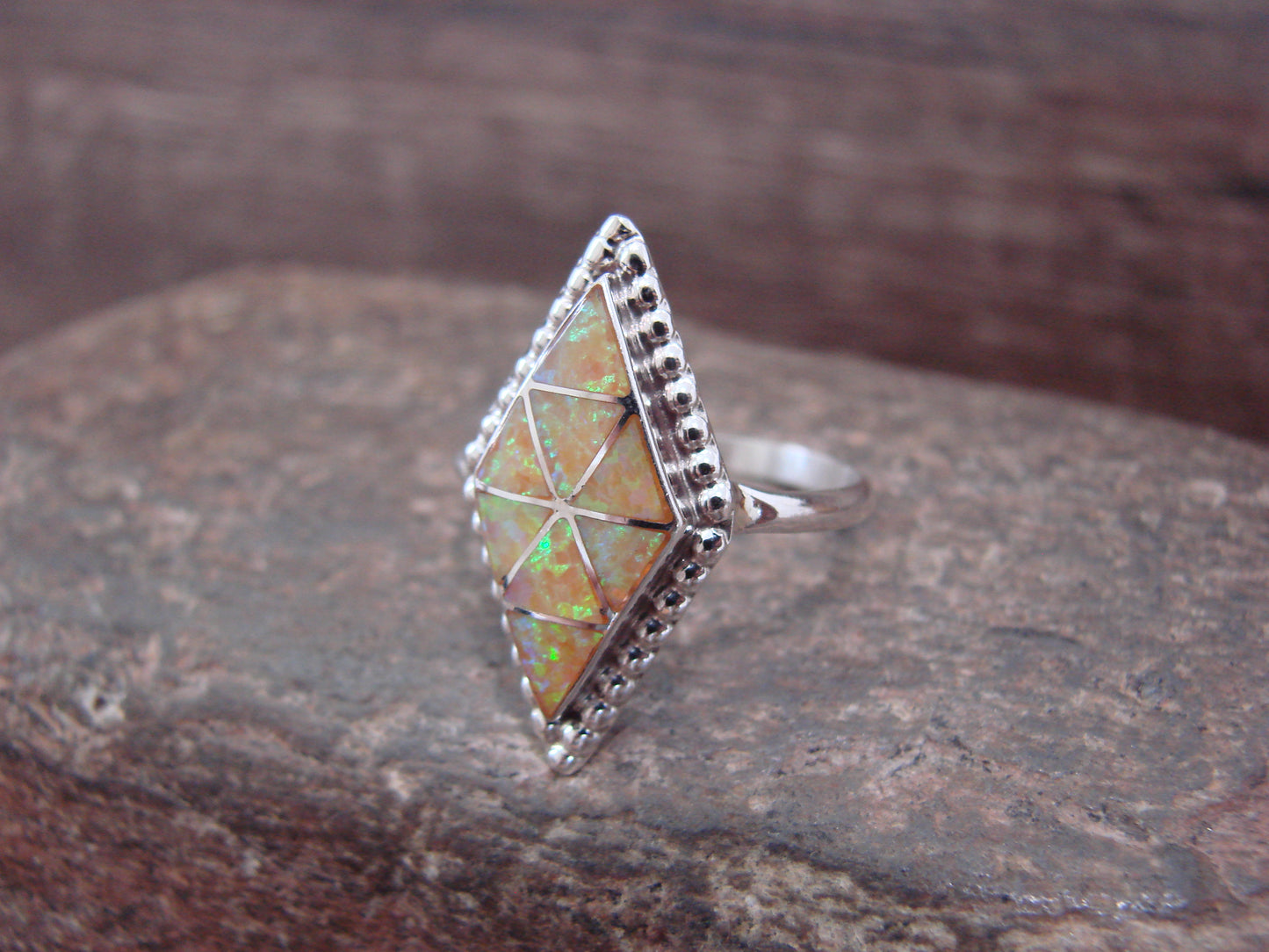 Native American Sterling Silver & Yellow Opal Inlay Ring - Dosedo - Size 8.5