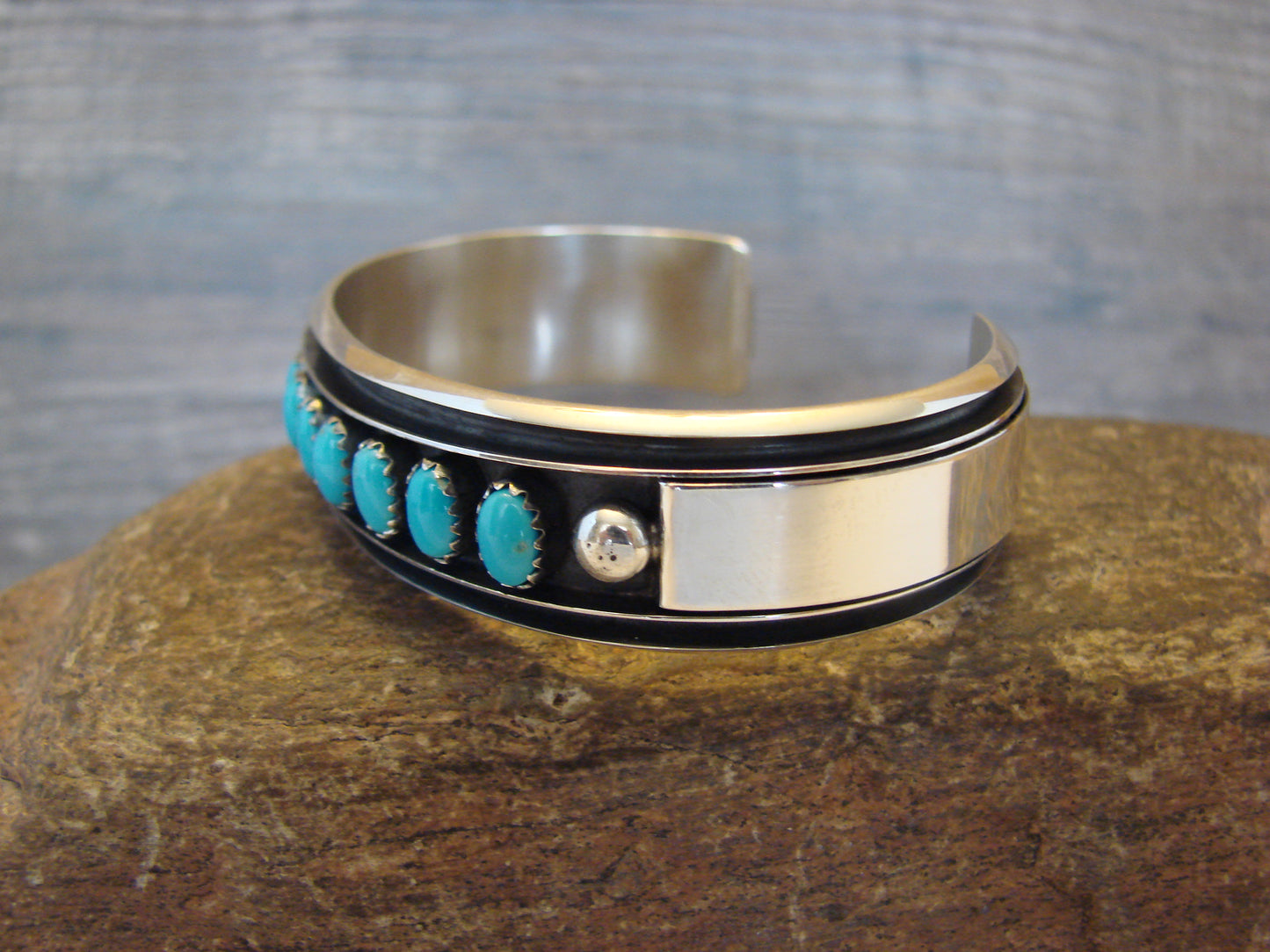 Navajo Indian Sterling Silver & Turquoise Row Bracelet Signed James