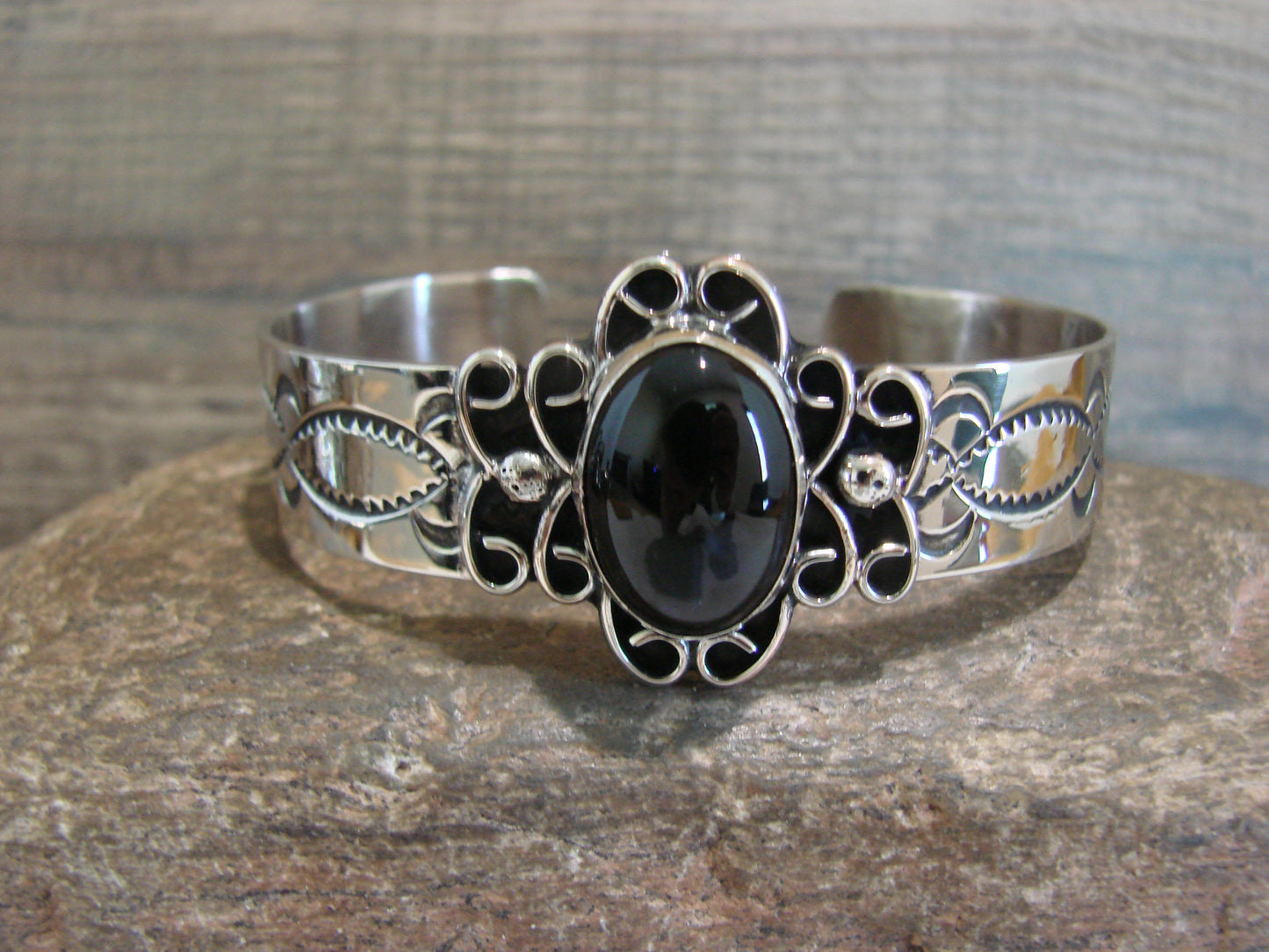 Navajo Indian Nickel Silver & Onyx Bracelet by Cleveland