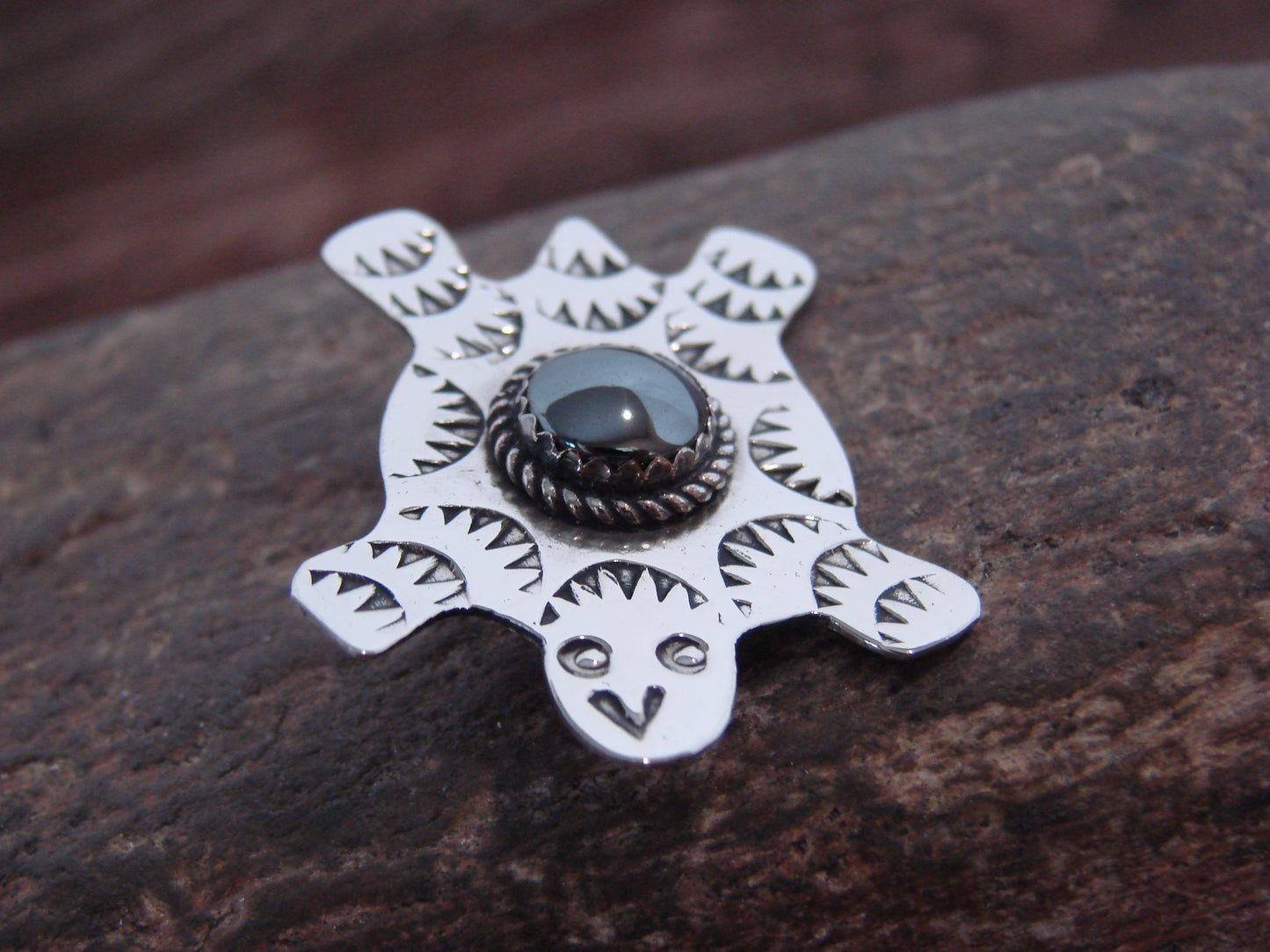 Native American Nickel Silver & Hematite Turtle Pin - Cleveland