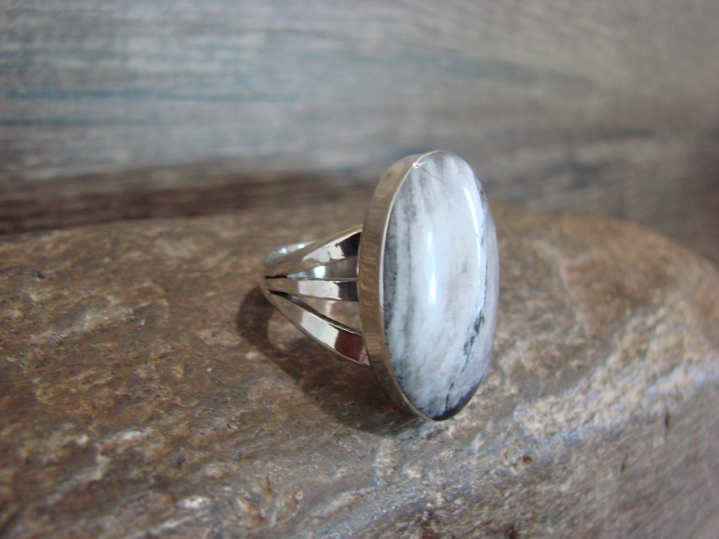 Native American Sterling Silver & White Buffalo Turquoise Ring by Smith - Size 6