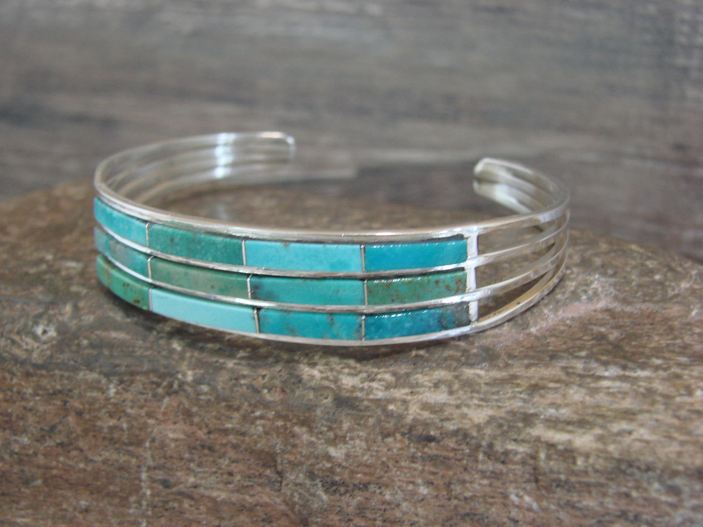 Native American Sterling Silver Turquoise Inlay 3 Row Bracelet - Johnson