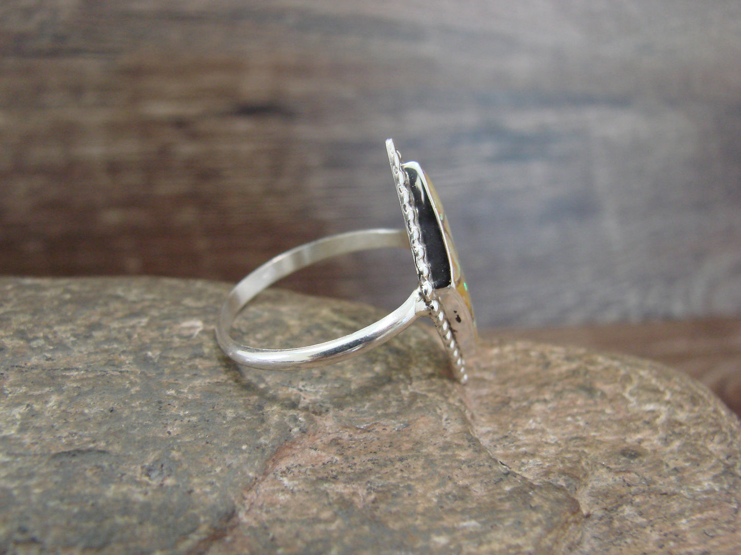 Native American Sterling Silver & Yellow Opal Inlay Ring - Dosedo - Size 8.5