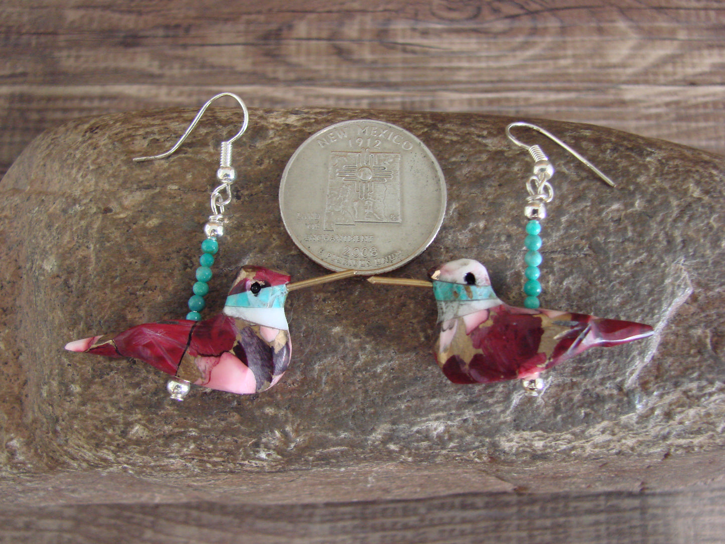 Purple Mohave Turquoise Bronze Aggregate Hummingbird Fetish Earrings - Mitchell