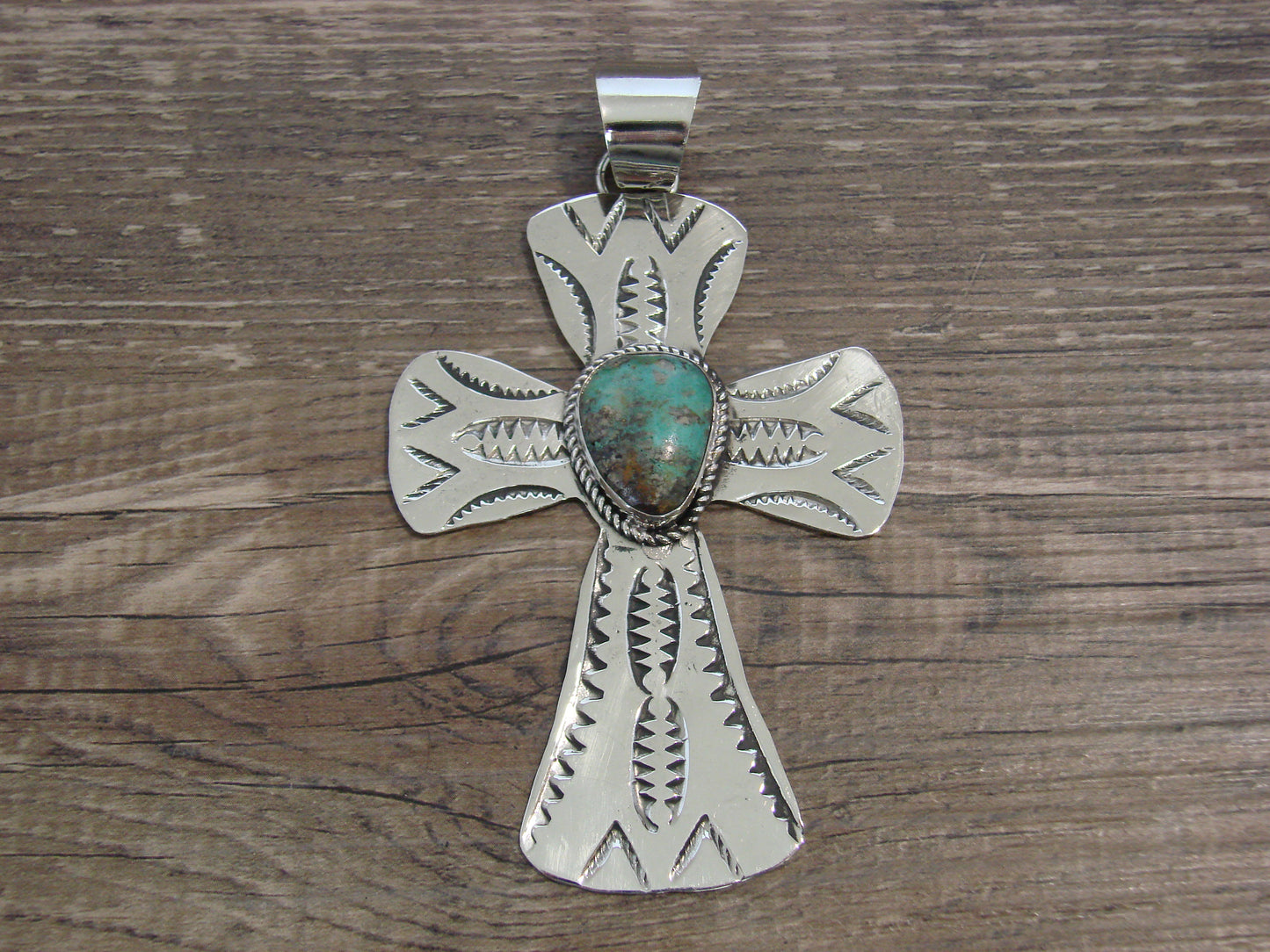 Large Native American Nickel Silver & Turquoise Cross Pendant - Cleveland
