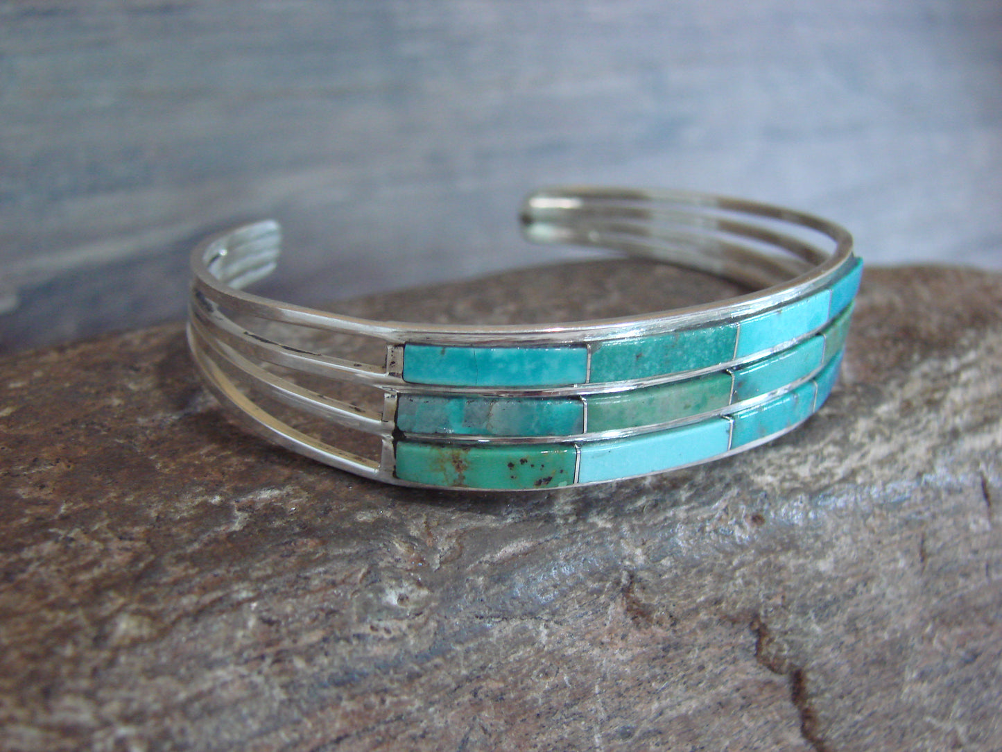 Native American Sterling Silver Turquoise Inlay 3 Row Bracelet - Johnson