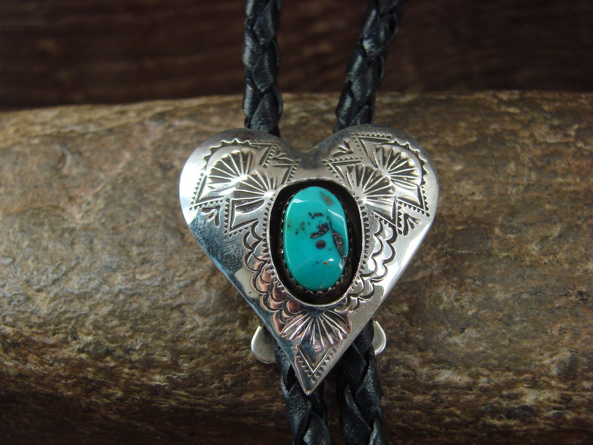 Native American Sterling Silver & Turquoise Heart Bolo Tie by Skeets