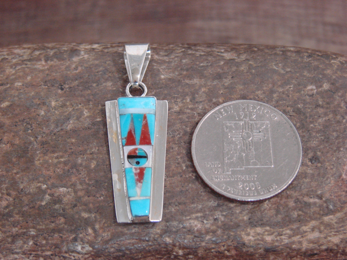 Native American Sterling Silver & Turquoise Inlay Sunface Pendant - Edaakie