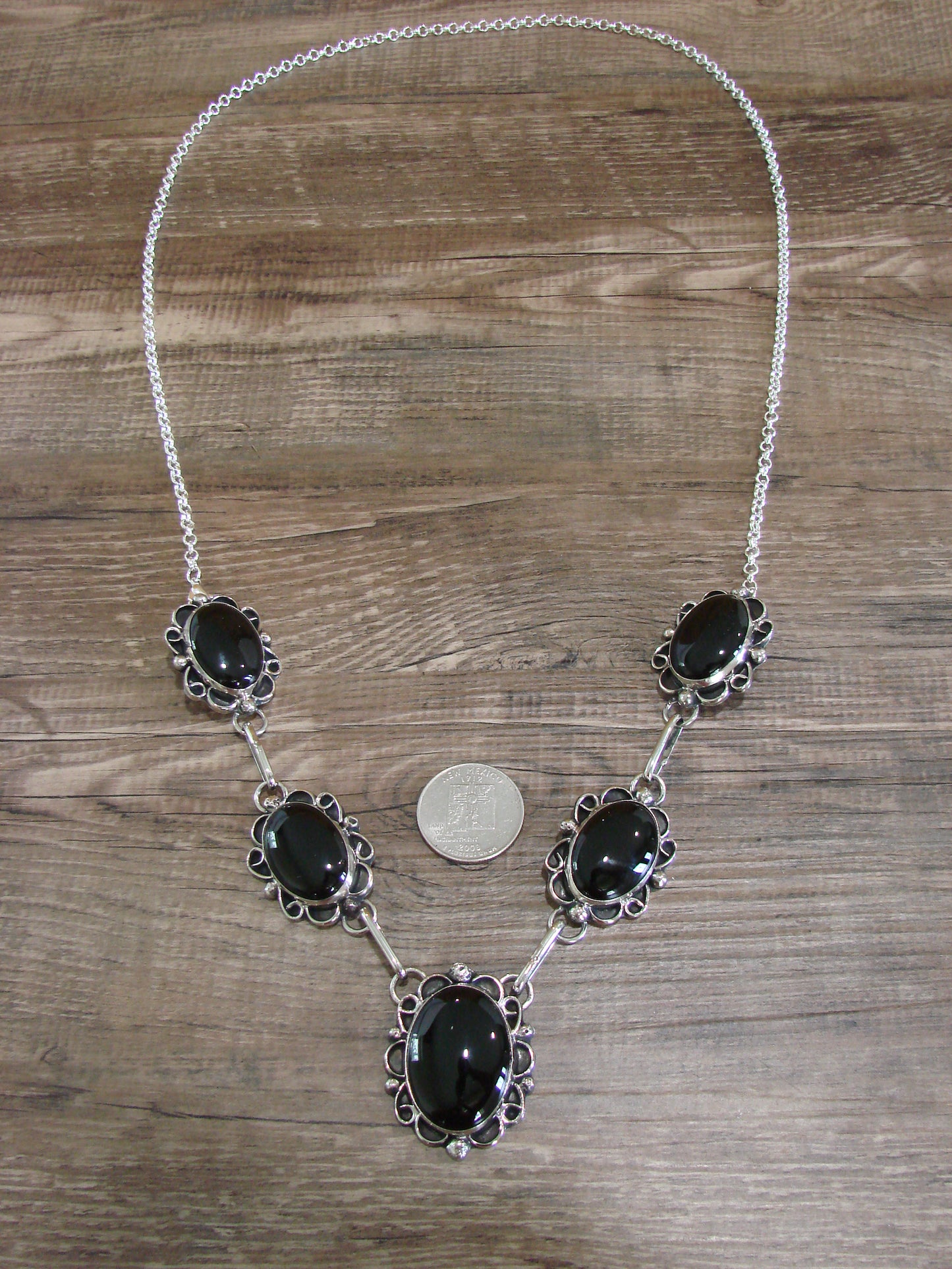 Navajo Indian Nickel Silver & Onyx Link Necklace Signed Cleveland
