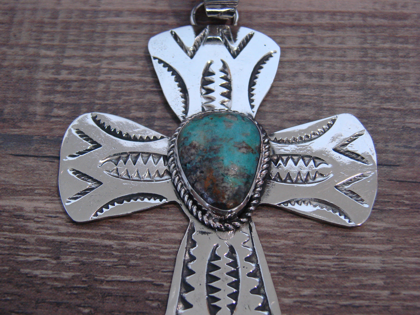 Large Native American Nickel Silver & Turquoise Cross Pendant - Cleveland