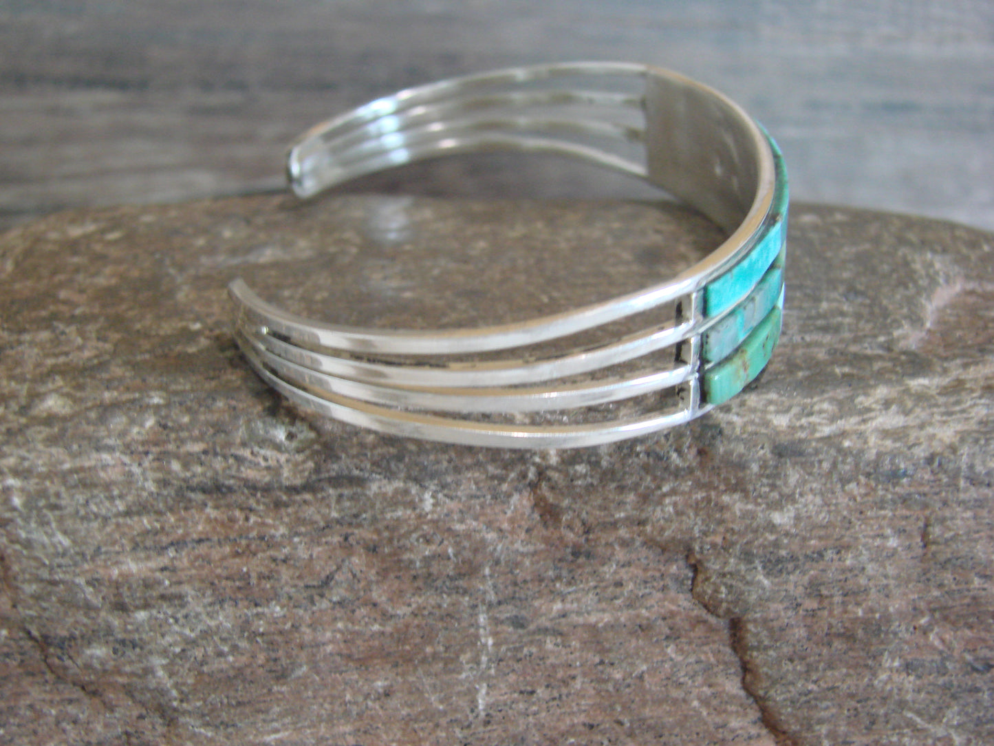 Native American Sterling Silver Turquoise Inlay 3 Row Bracelet - Johnson