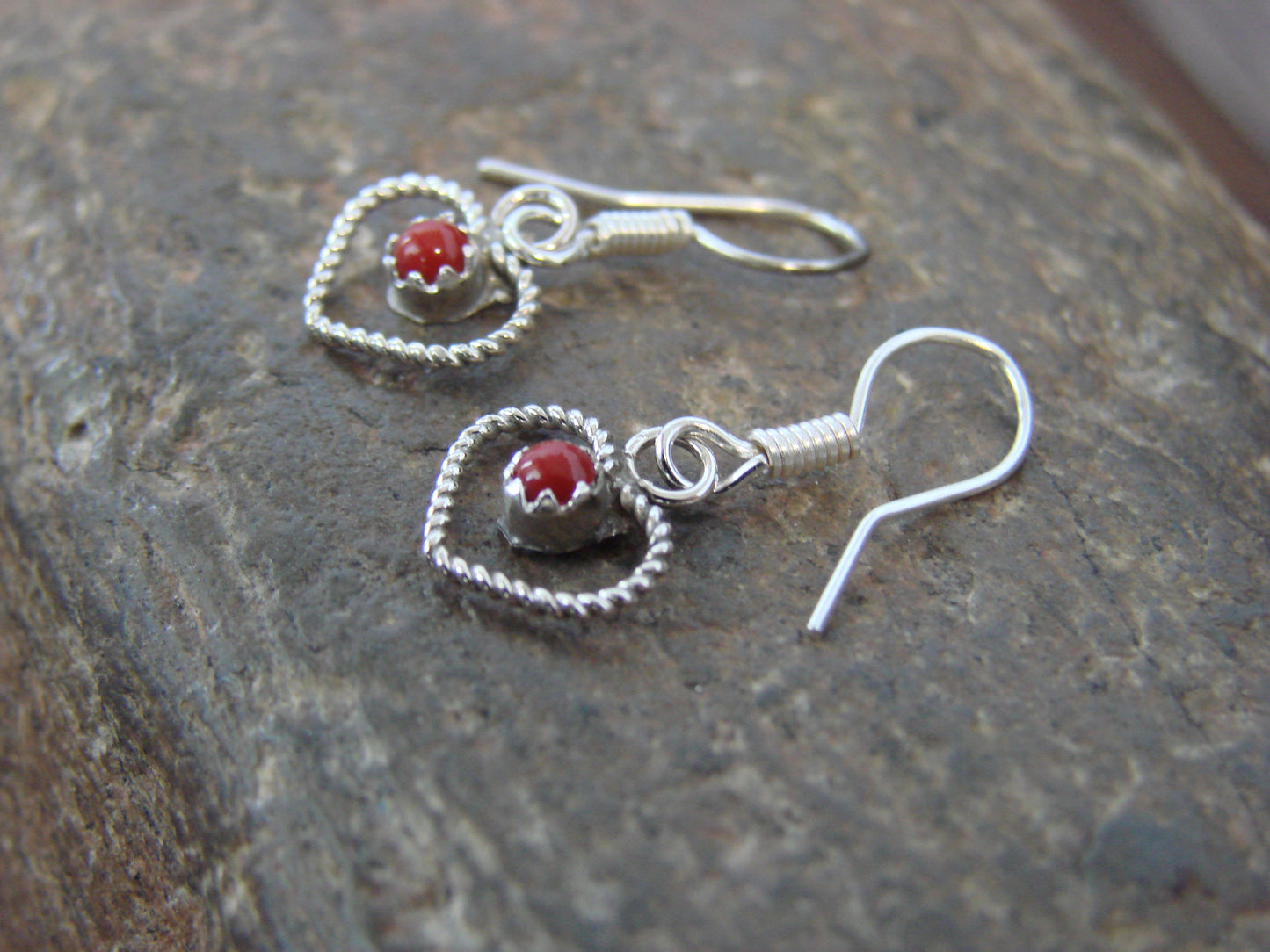 Native American Sterling Silver & Coral Heart Dangle Earrings - Pablito