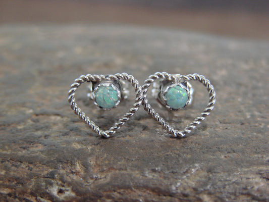 Native American Sterling Silver White Opal Heart Post Earrings - Pablito