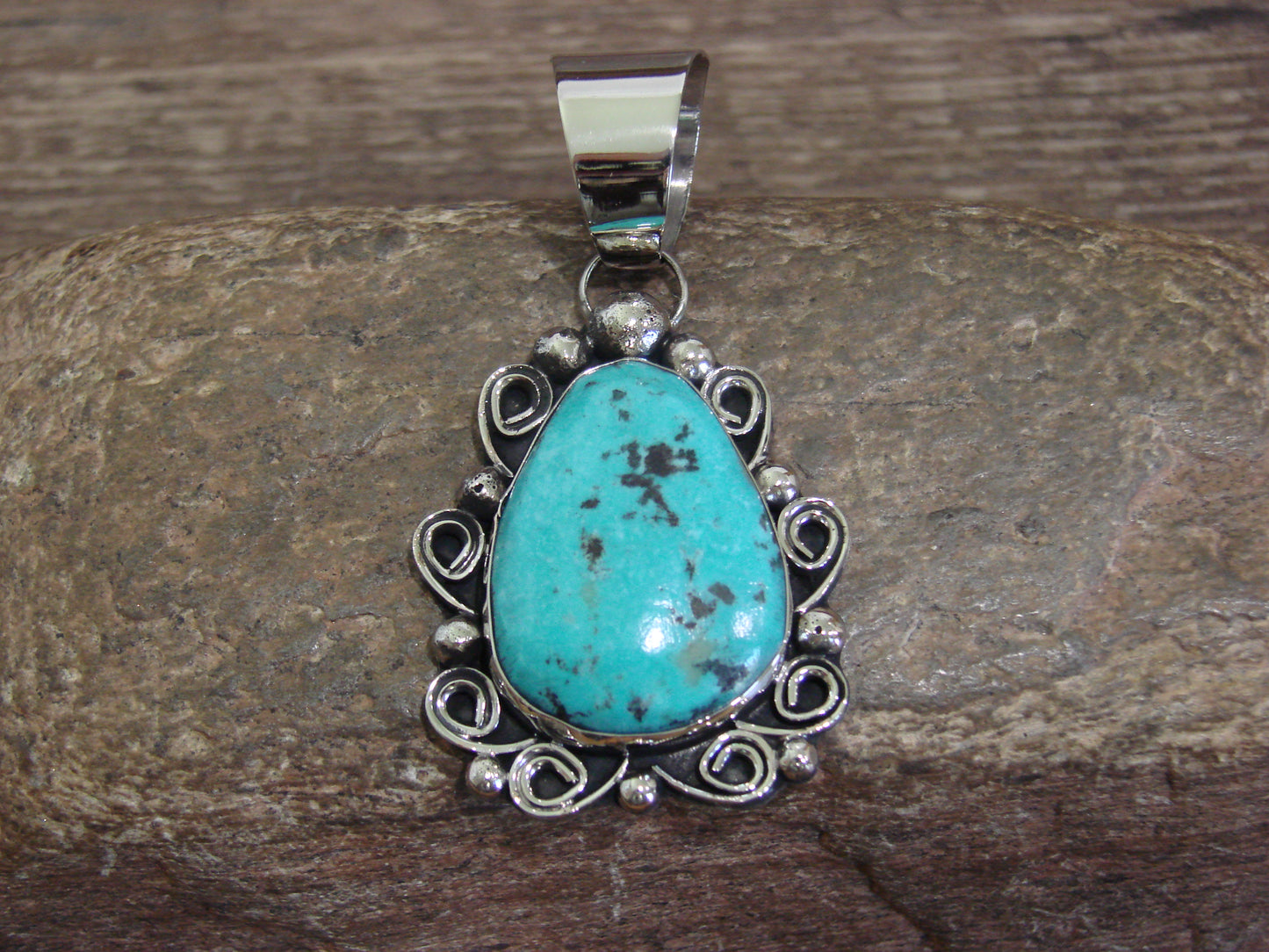 Native American Nickel Silver & Turquoise Pendant - Cleveland