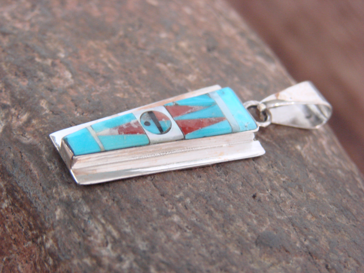 Native American Sterling Silver & Turquoise Inlay Sunface Pendant - Edaakie