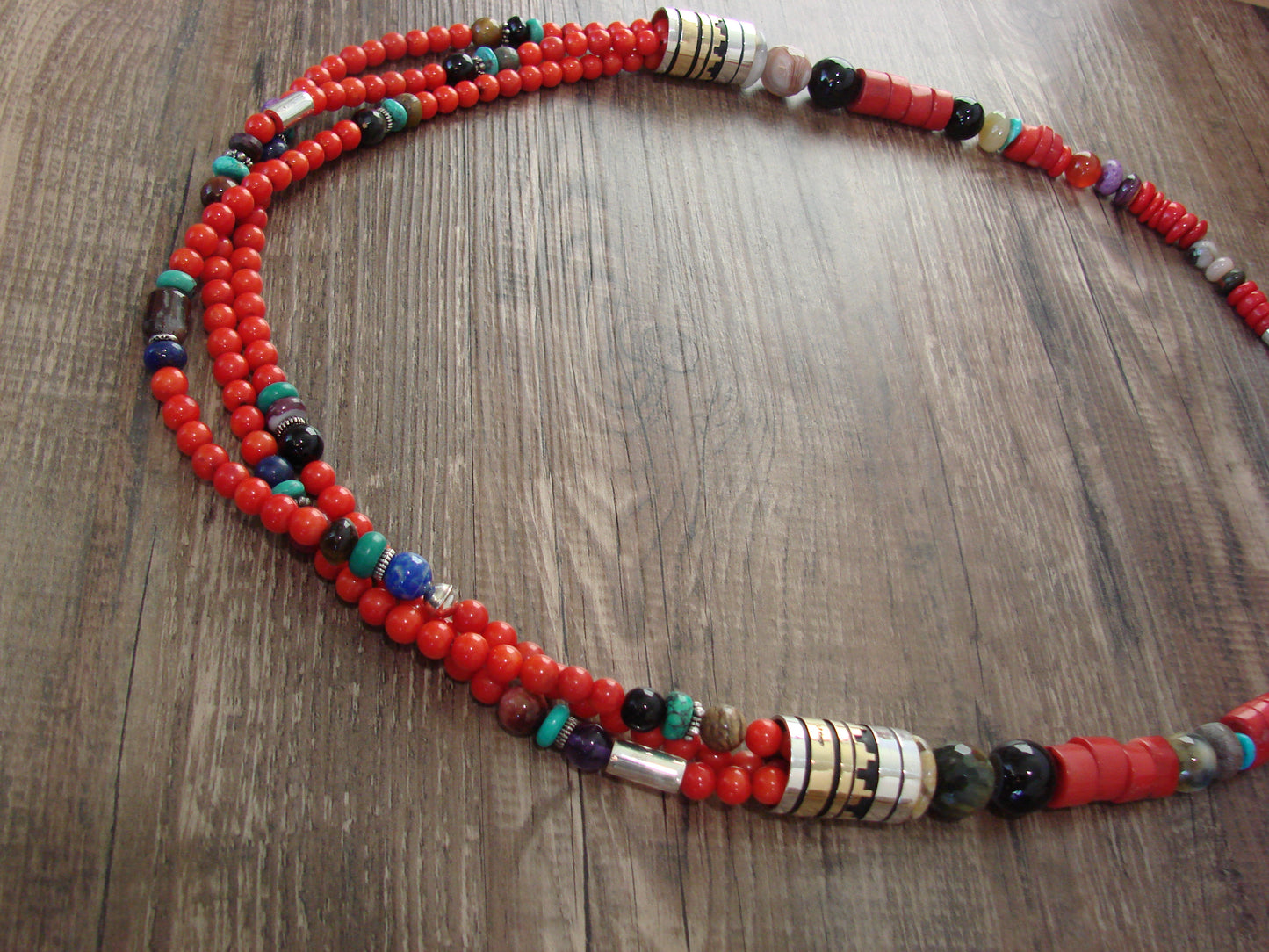 Native American Sterling Silver & Coral 30" Gemstone Necklace by Singer