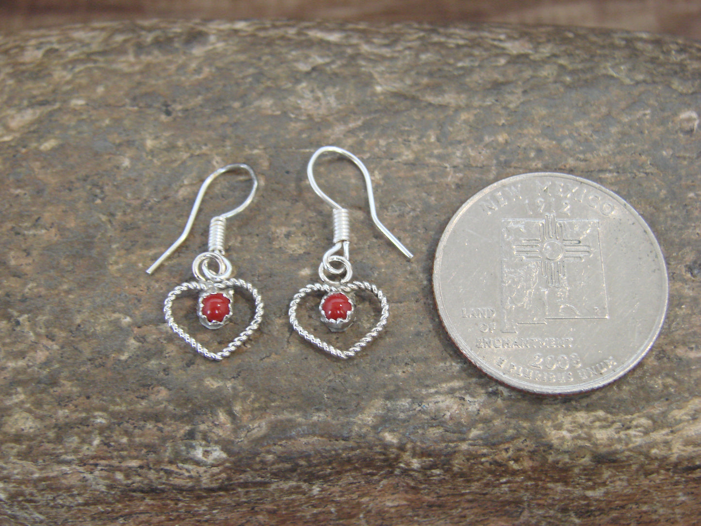 Native American Sterling Silver & Coral Heart Dangle Earrings - Pablito