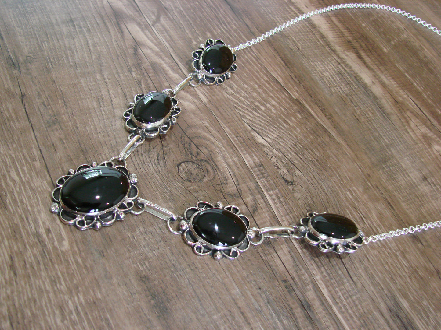 Navajo Indian Nickel Silver & Onyx Link Necklace Signed Cleveland
