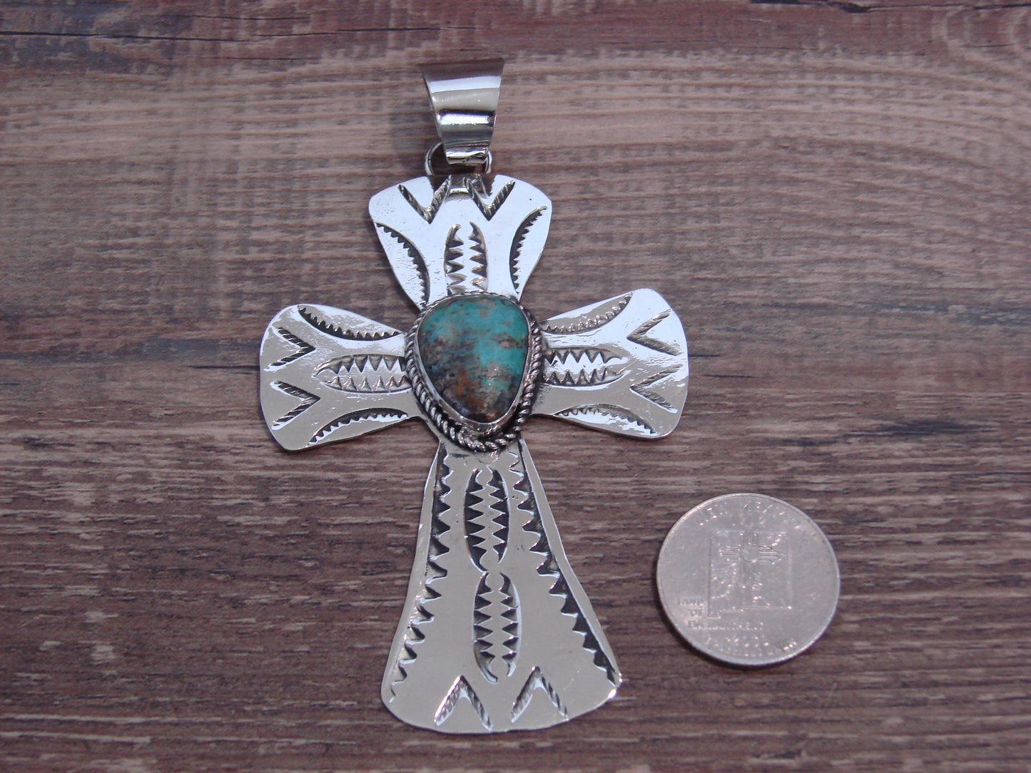Large Native American Nickel Silver & Turquoise Cross Pendant - Cleveland