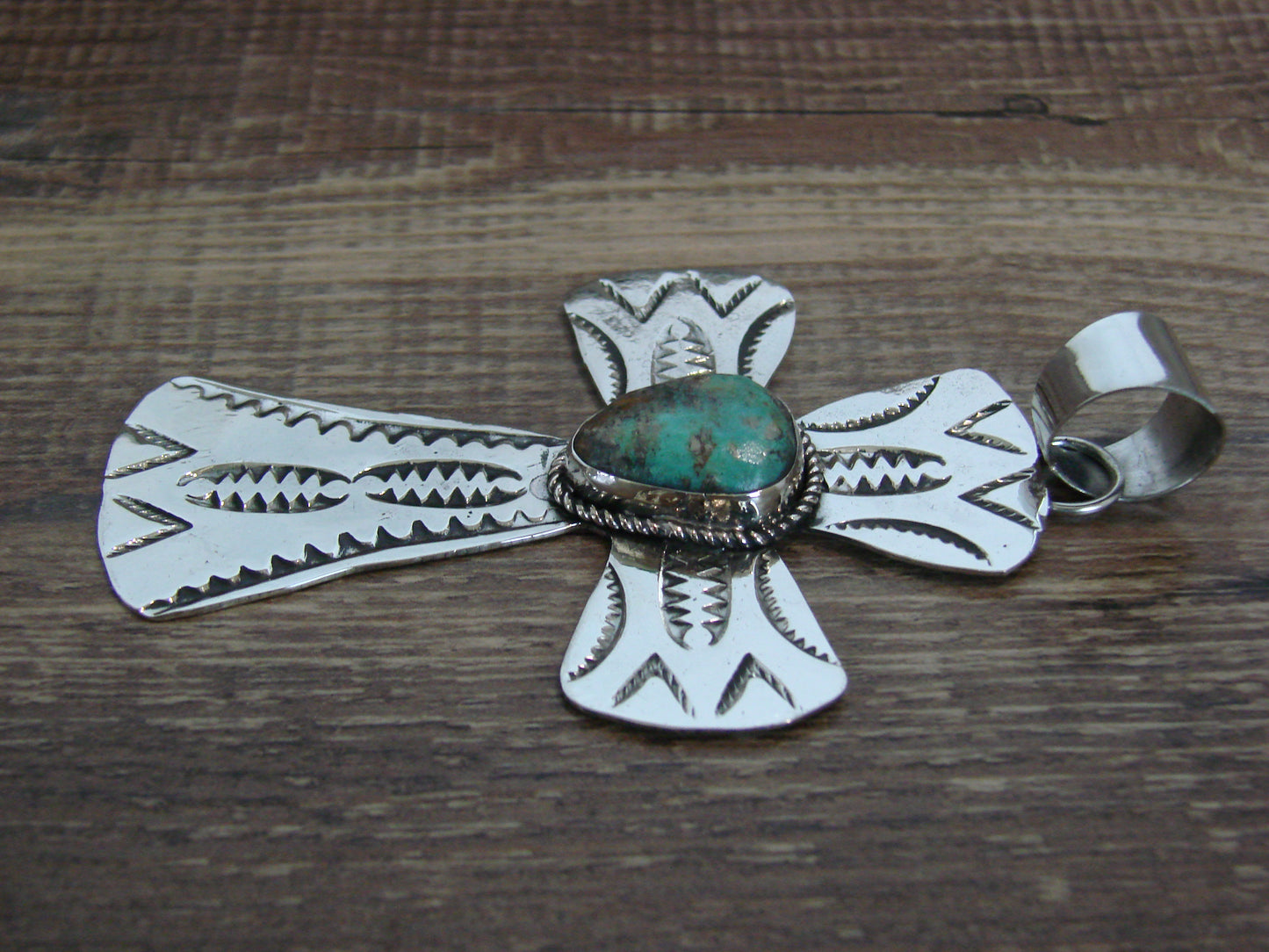 Large Native American Nickel Silver & Turquoise Cross Pendant - Cleveland