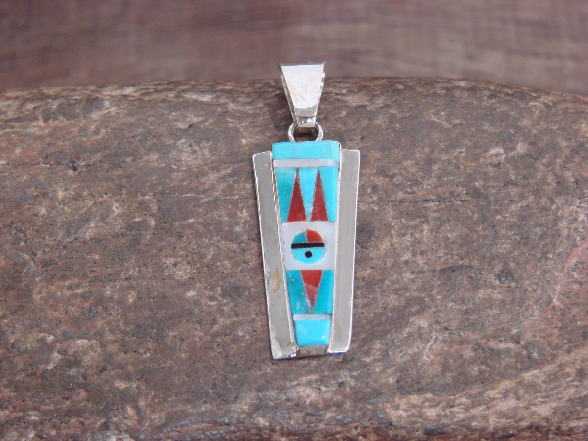 Native American Sterling Silver & Turquoise Inlay Sunface Pendant - Edaakie