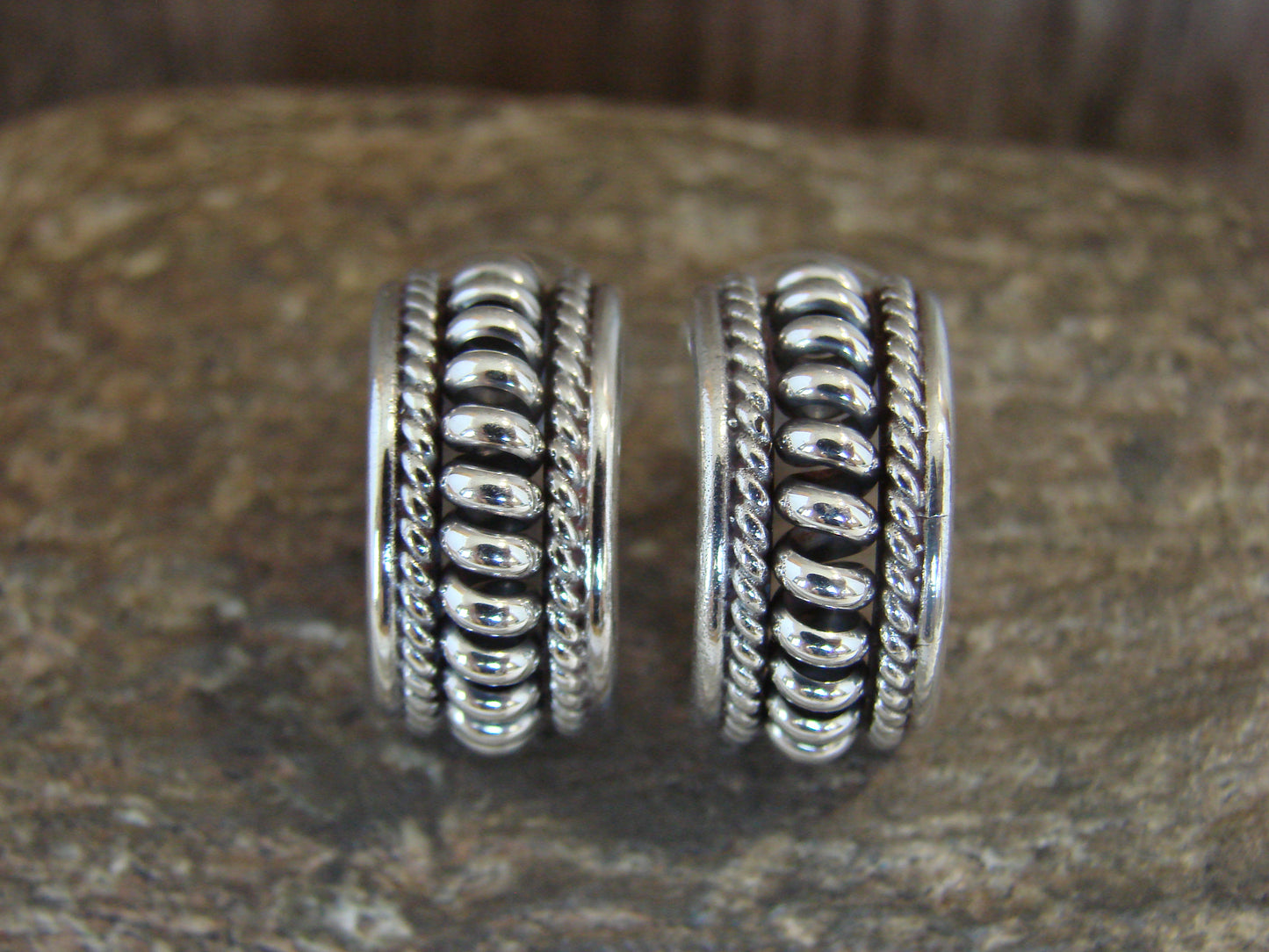 Native American Sterling Silver Ribbed Melon Hoop by Thomas Charley