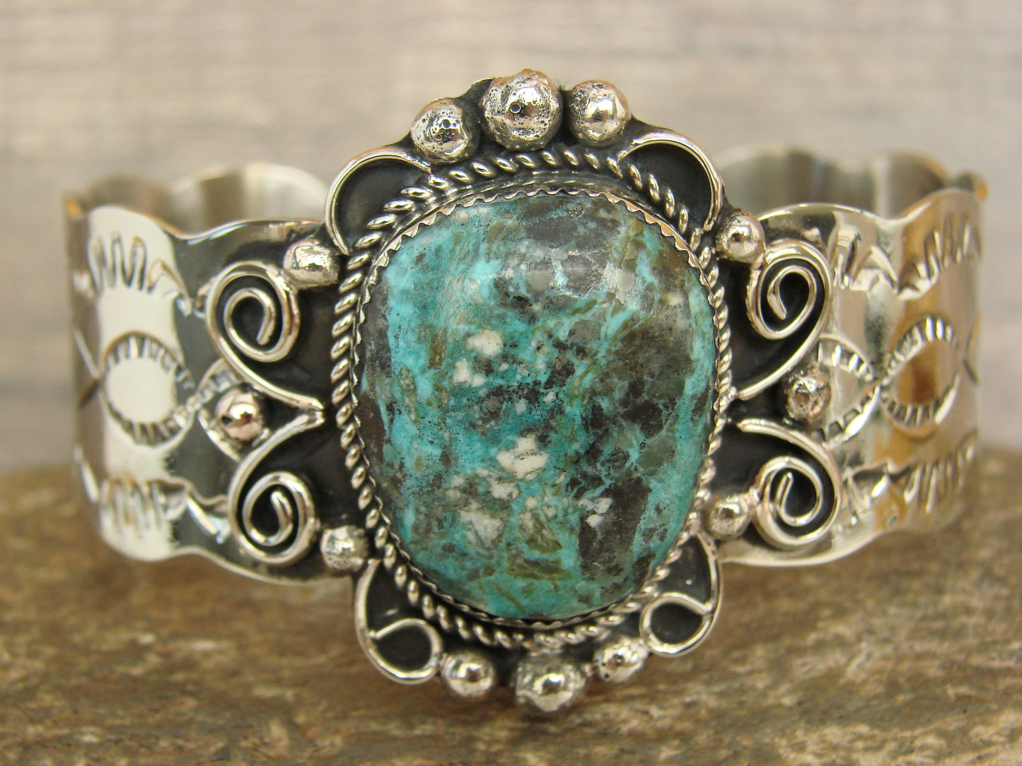 Native American Nickel Silver & Turquoise Bracelet by Cleveland