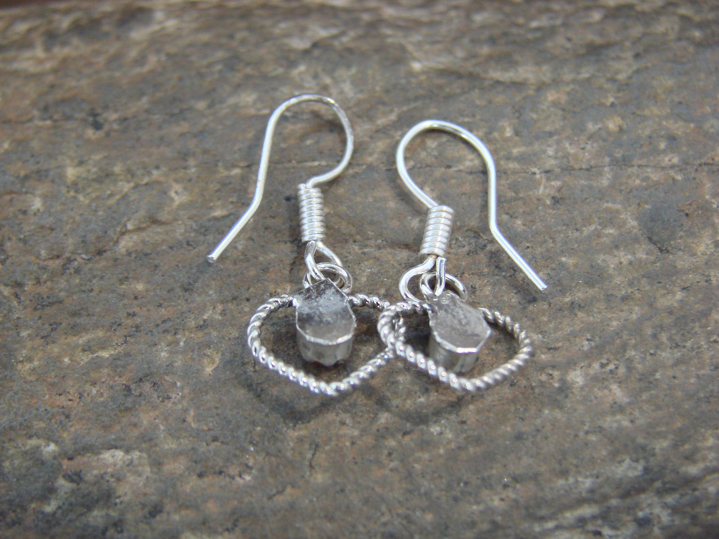 Native American Sterling Silver & Coral Heart Dangle Earrings - Pablito