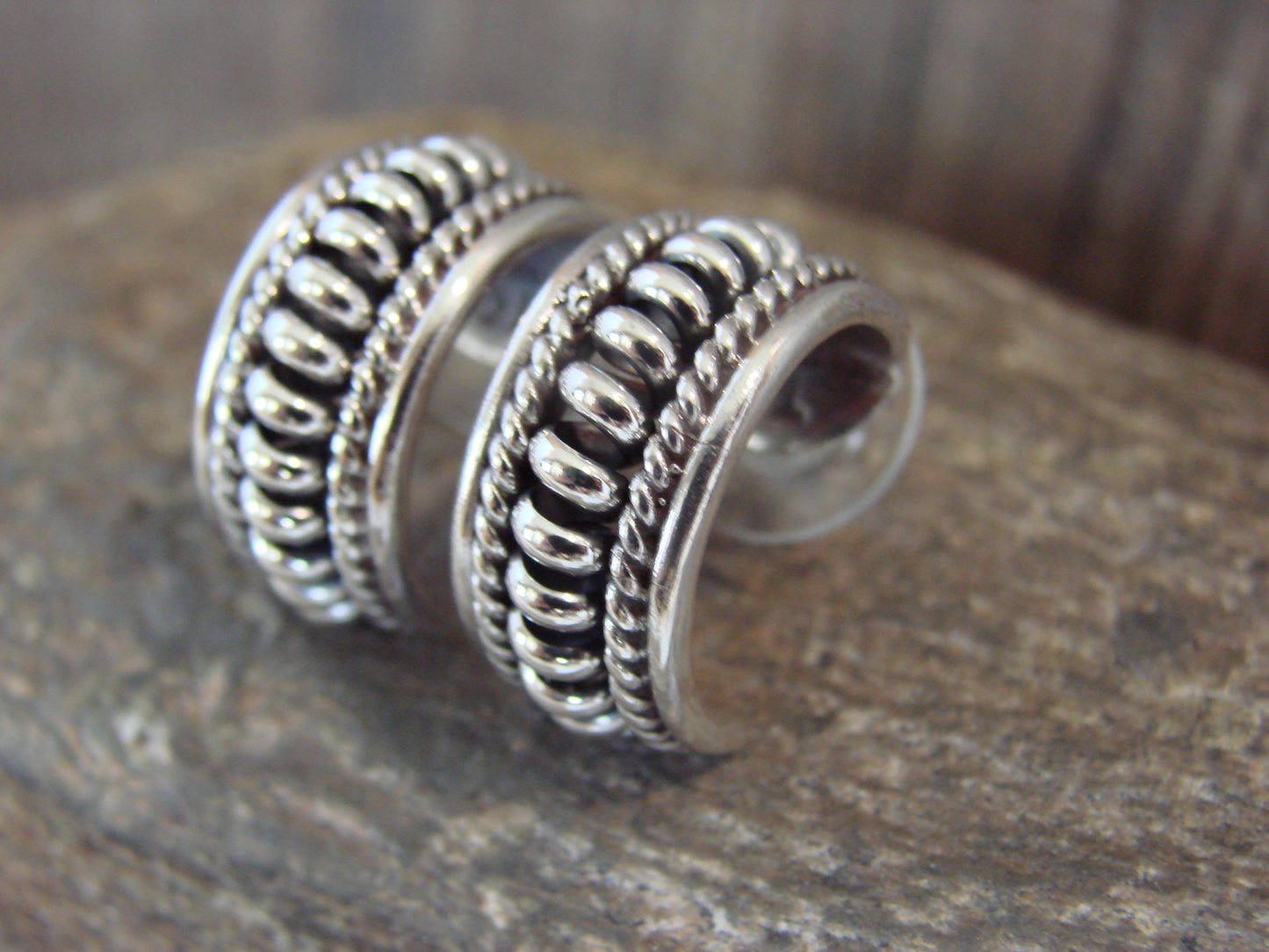 Native American Sterling Silver Ribbed Melon Hoop by Thomas Charley