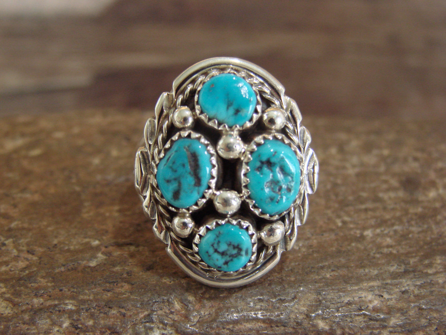 Native American Sterling Silver Turquoise Cluster Ring - Chee - Size 7