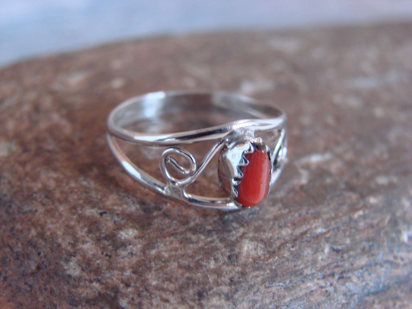 Native American Sterling Silver & Coral Ring Size 5.5 by Lincoln