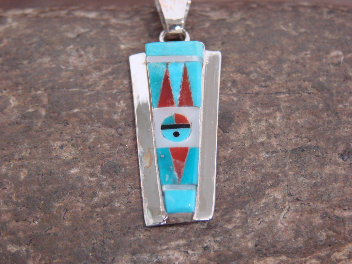 Native American Sterling Silver & Turquoise Inlay Sunface Pendant - Edaakie
