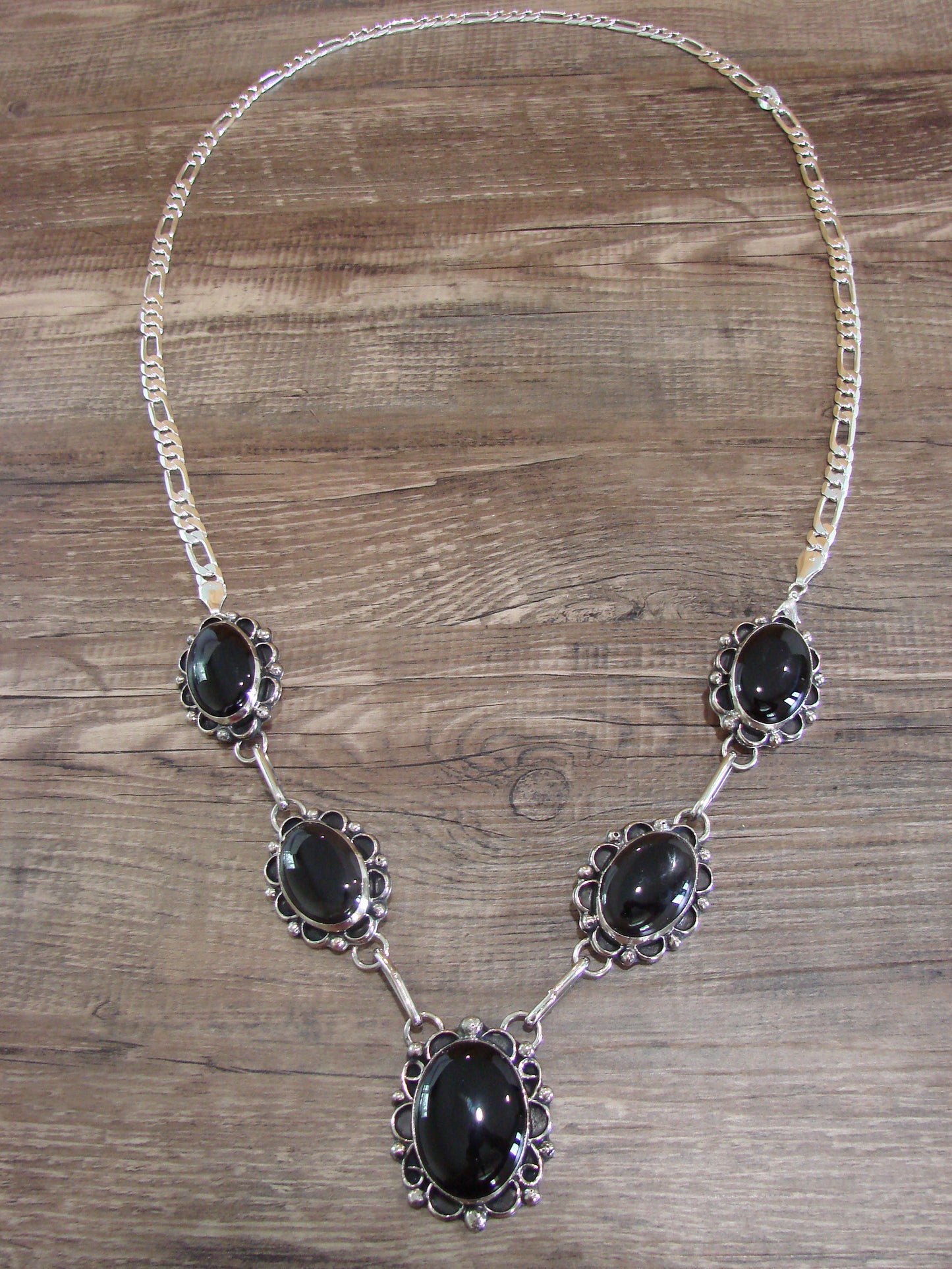 Navajo Indian Nickel Silver & Onyx Link Necklace Signed Cleveland