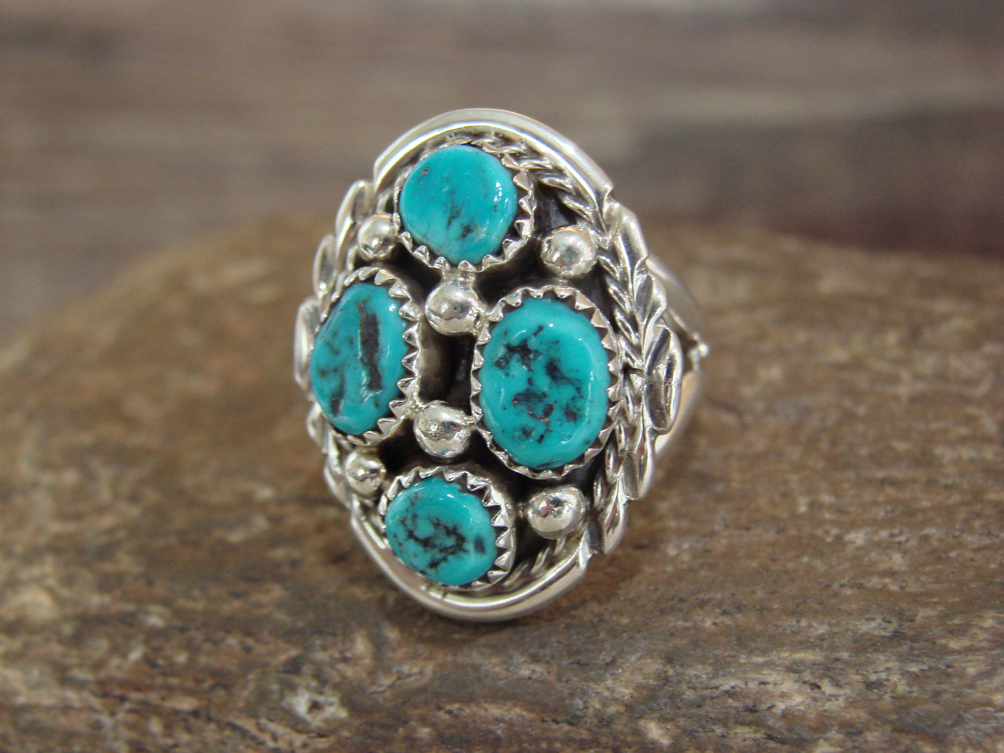 Native American Sterling Silver Turquoise Cluster Ring - Chee - Size 7