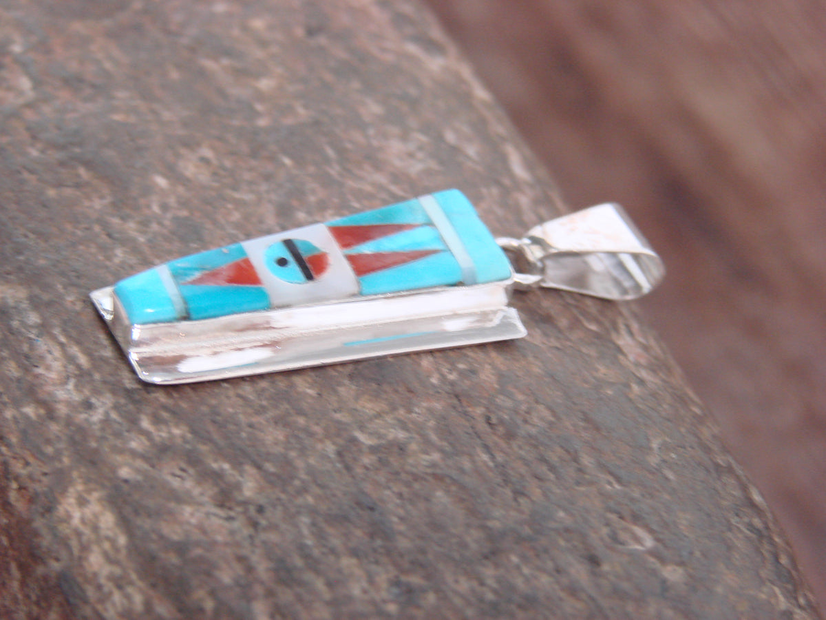 Native American Sterling Silver & Turquoise Inlay Sunface Pendant - Edaakie