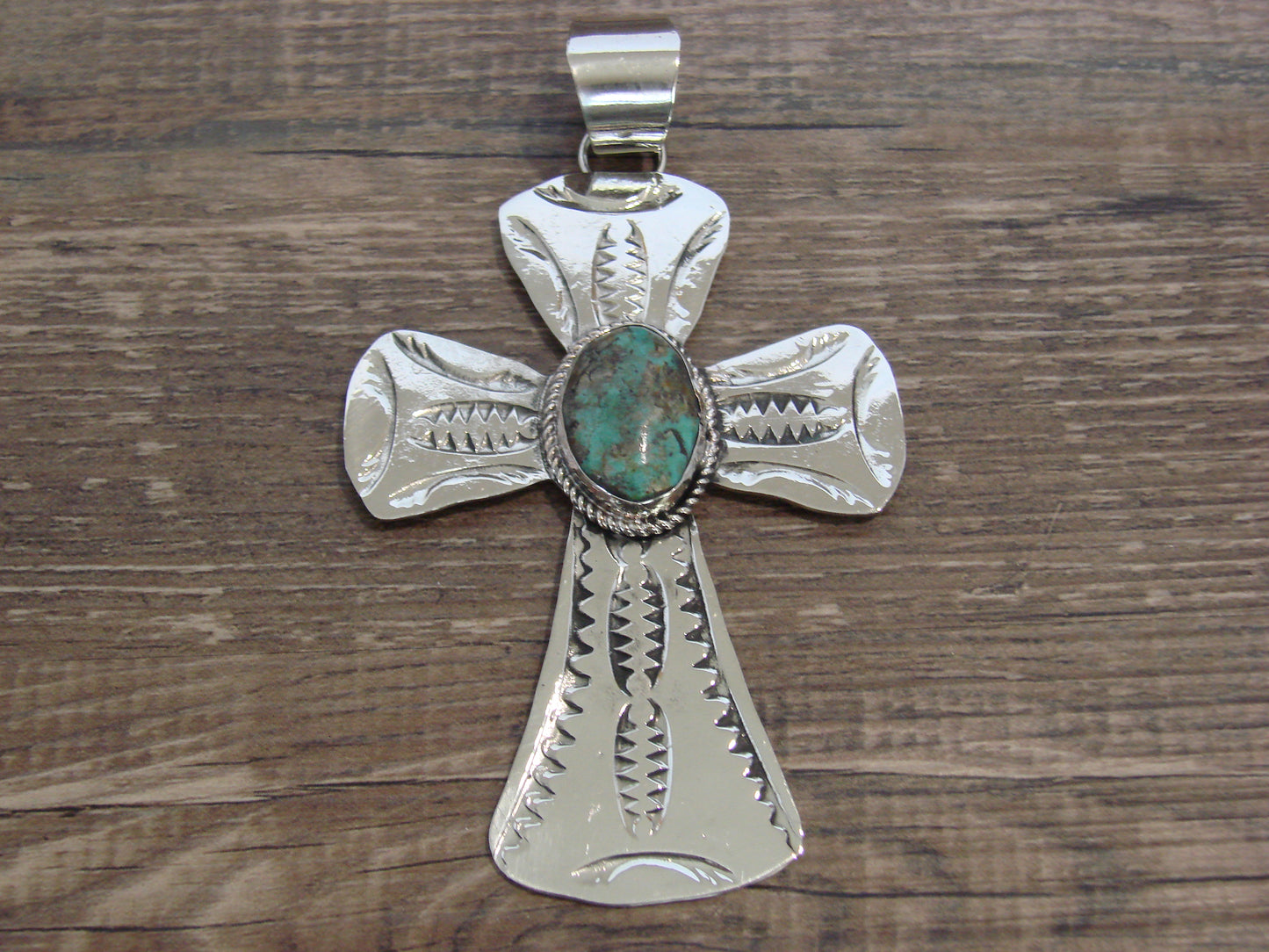 Large Native American Nickel Silver & Turquoise Cross Pendant - Cleveland