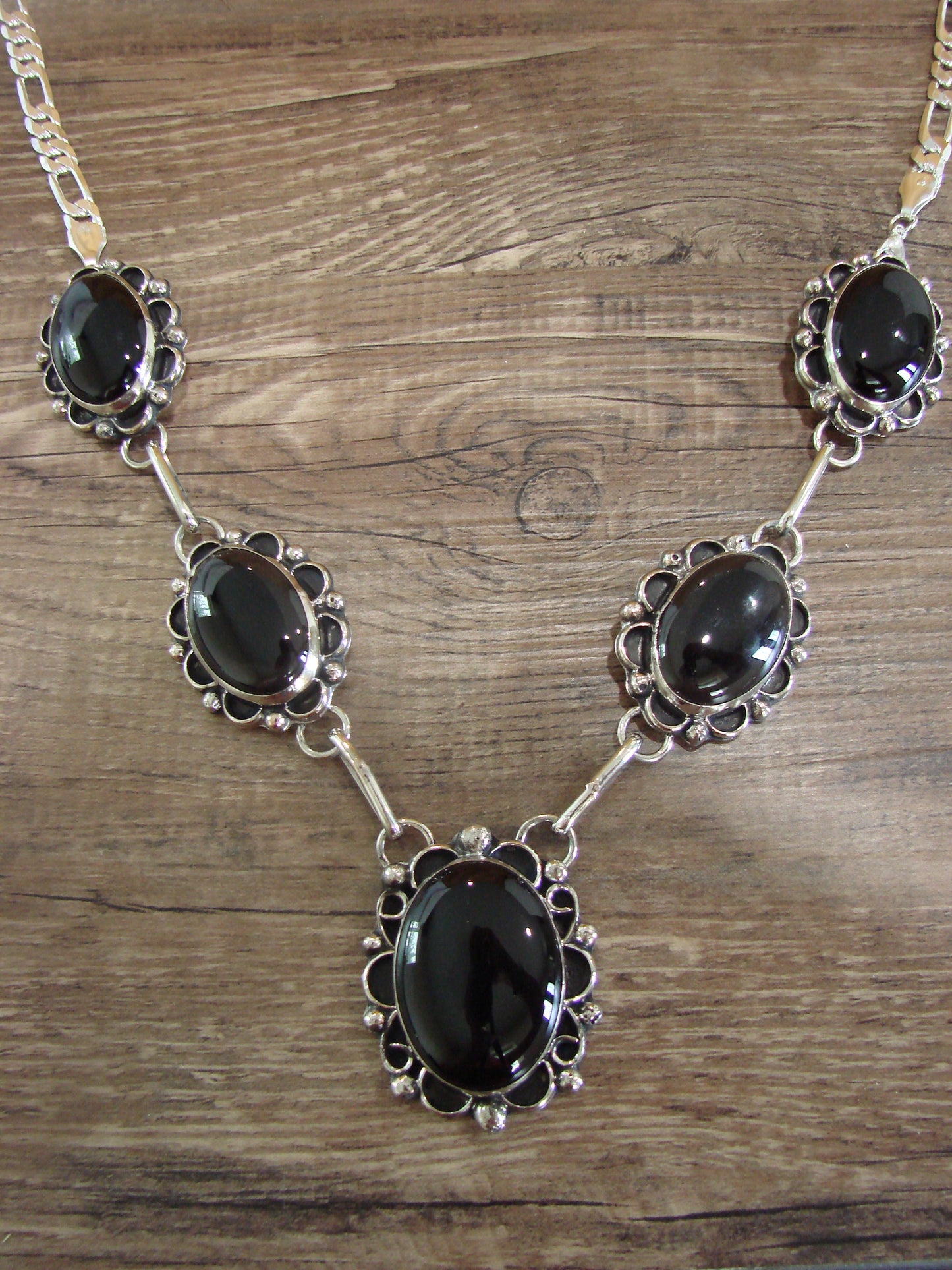 Navajo Indian Nickel Silver & Onyx Link Necklace Signed Cleveland