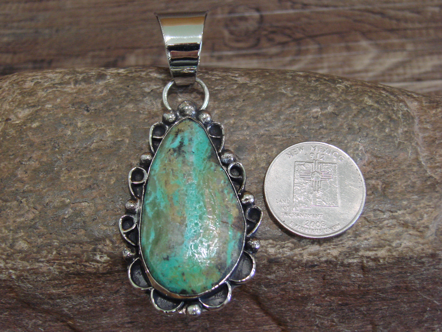 Native American Navajo Nickel Silver & Turquoise Pendant - Cleveland