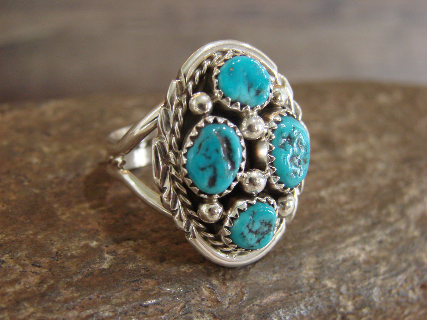Native American Sterling Silver Turquoise Cluster Ring - Chee - Size 7