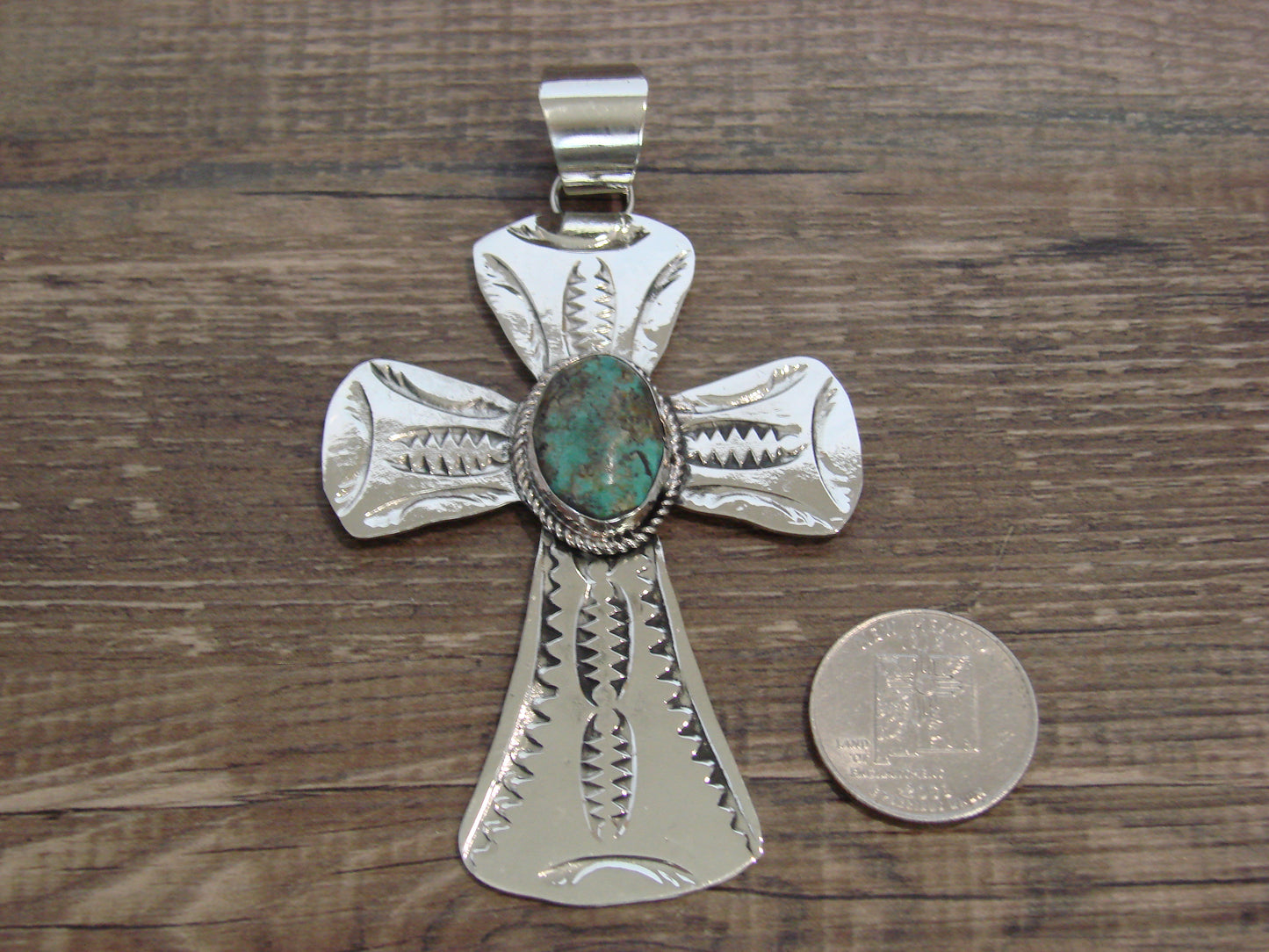 Large Native American Nickel Silver & Turquoise Cross Pendant - Cleveland