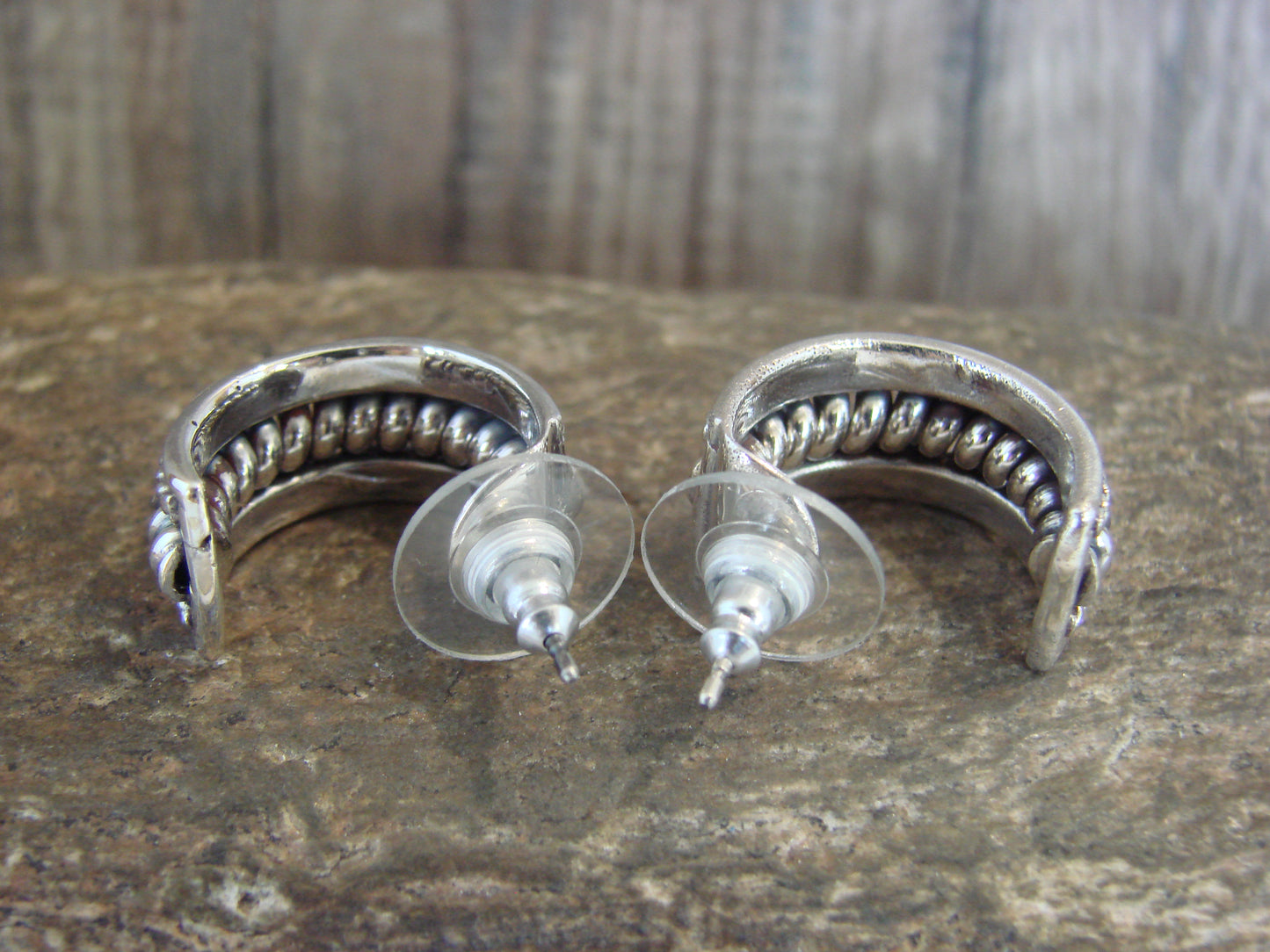Native American Sterling Silver Ribbed Melon Hoop by Thomas Charley