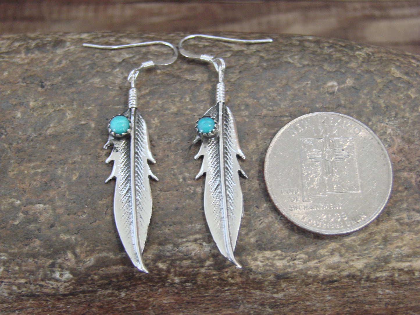 Native American Sterling Silver Turquoise Feather Dangle Earrings by Joe