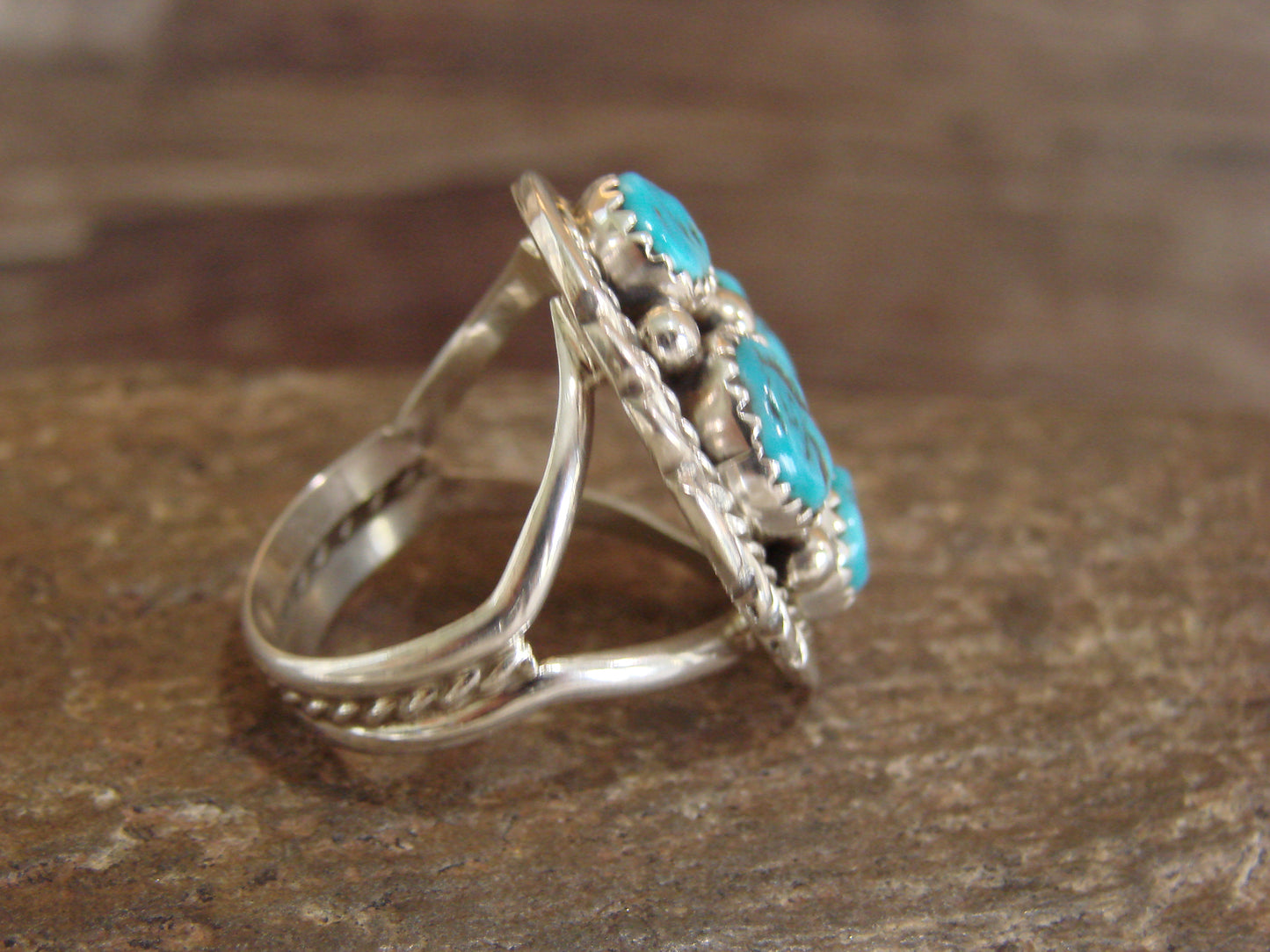 Native American Sterling Silver Turquoise Cluster Ring - Chee - Size 7