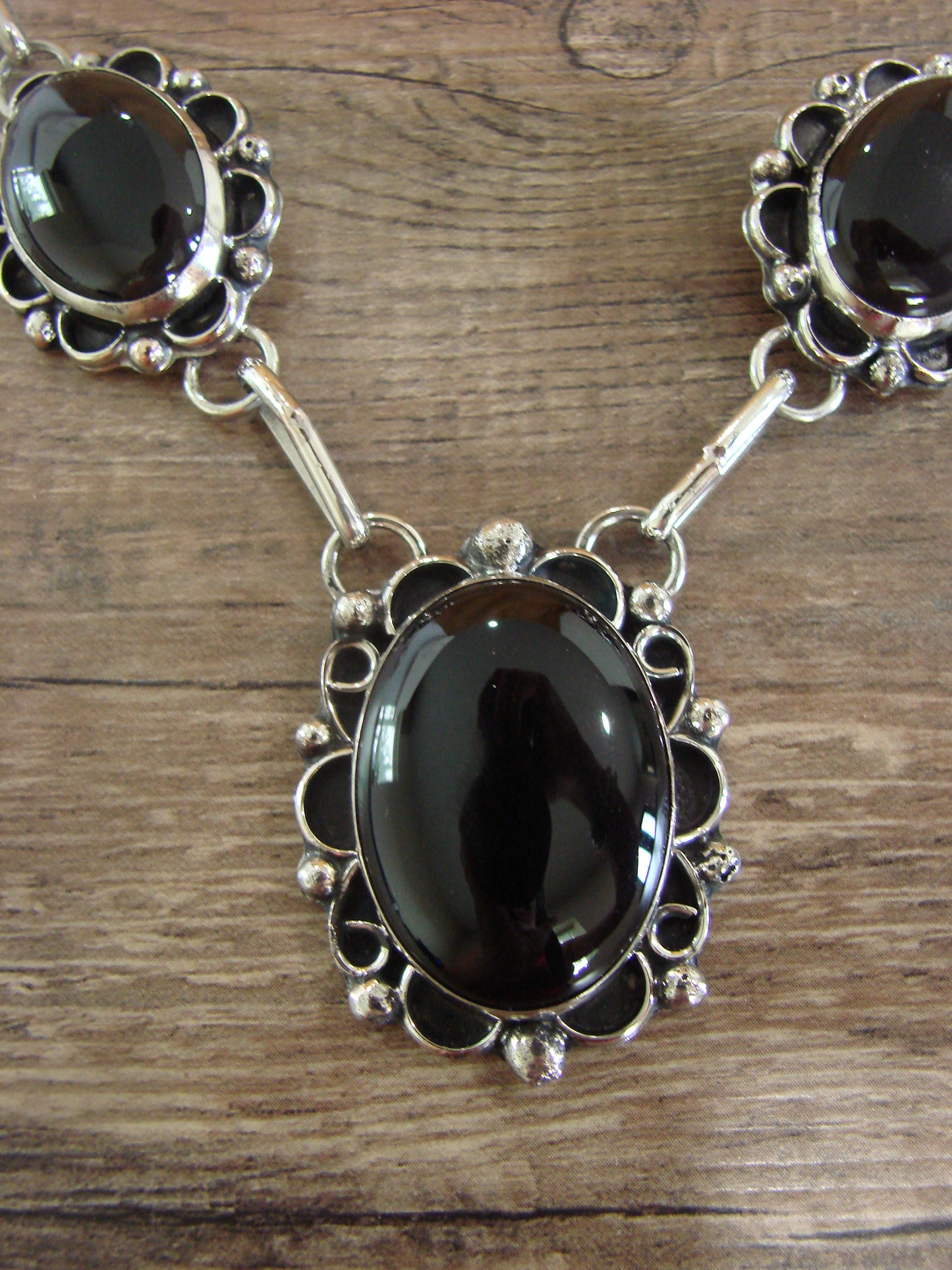 Navajo Indian Nickel Silver & Onyx Link Necklace Signed Cleveland