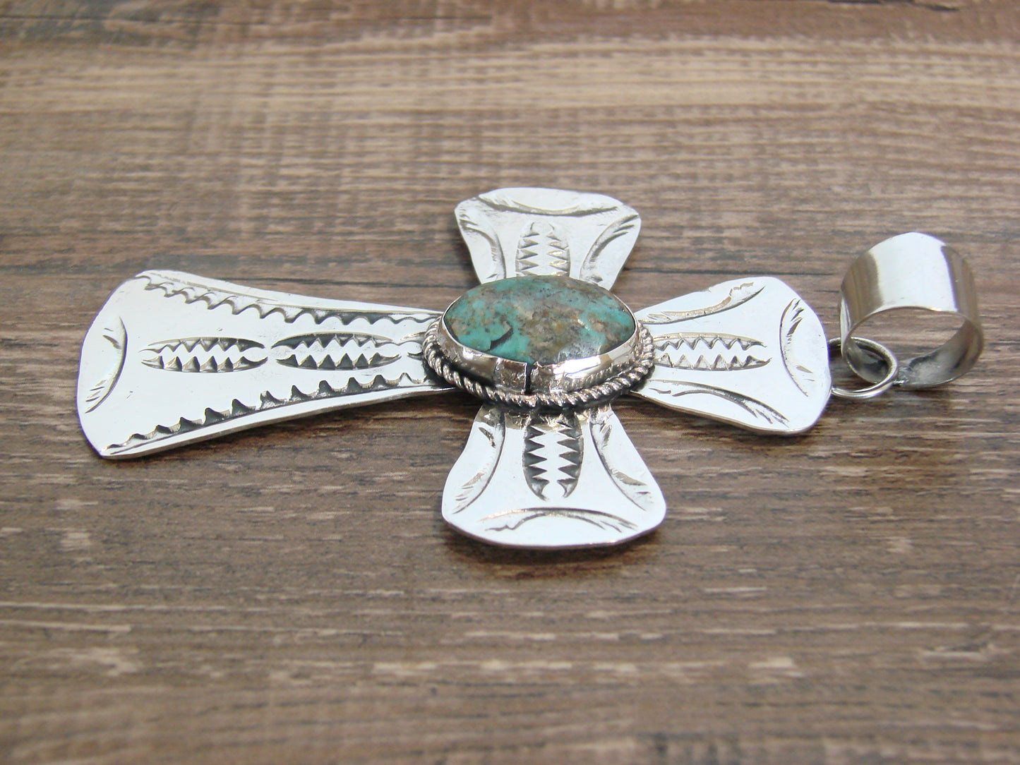 Large Native American Nickel Silver & Turquoise Cross Pendant - Cleveland